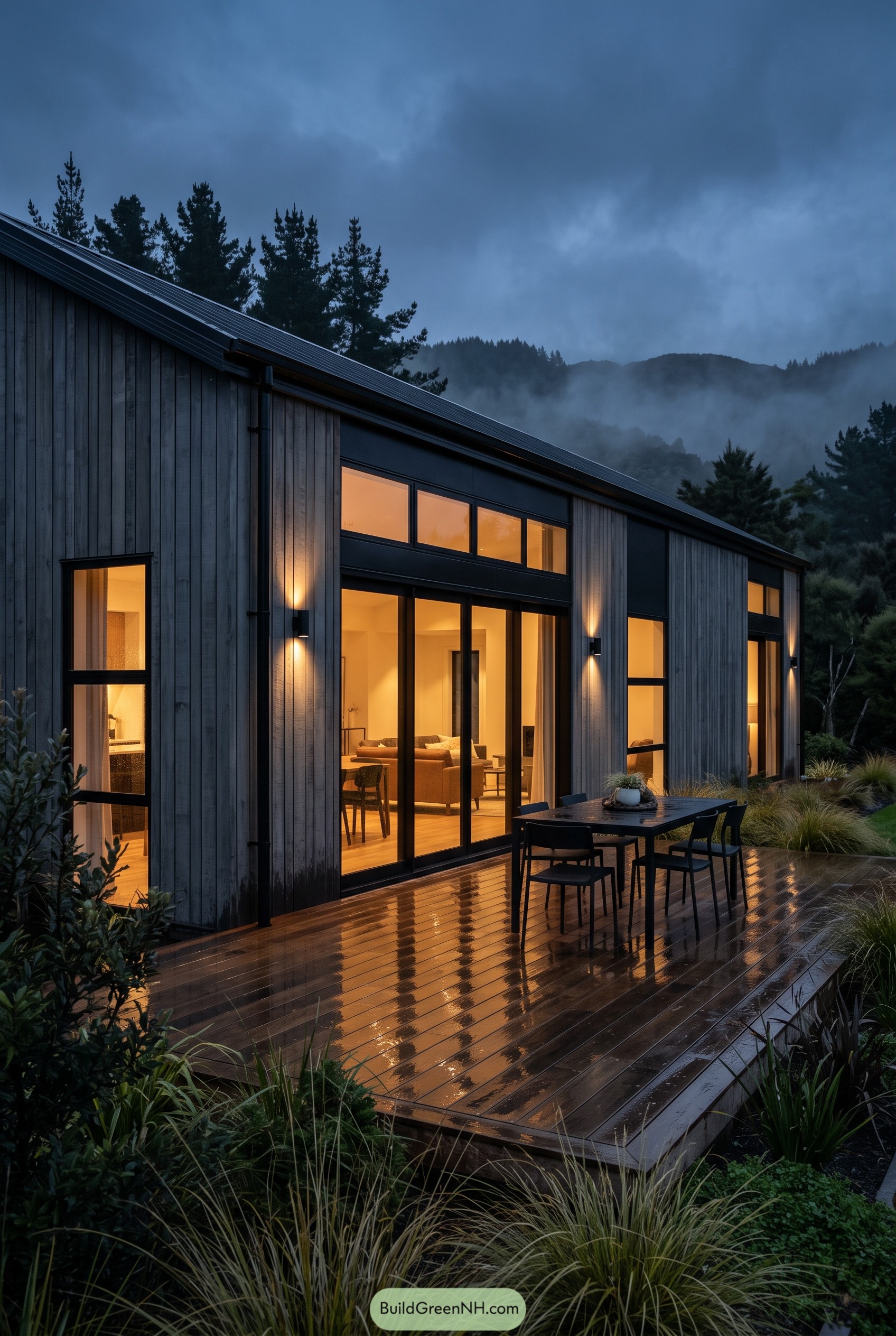 Grey wood house with glowing windows and wet deck