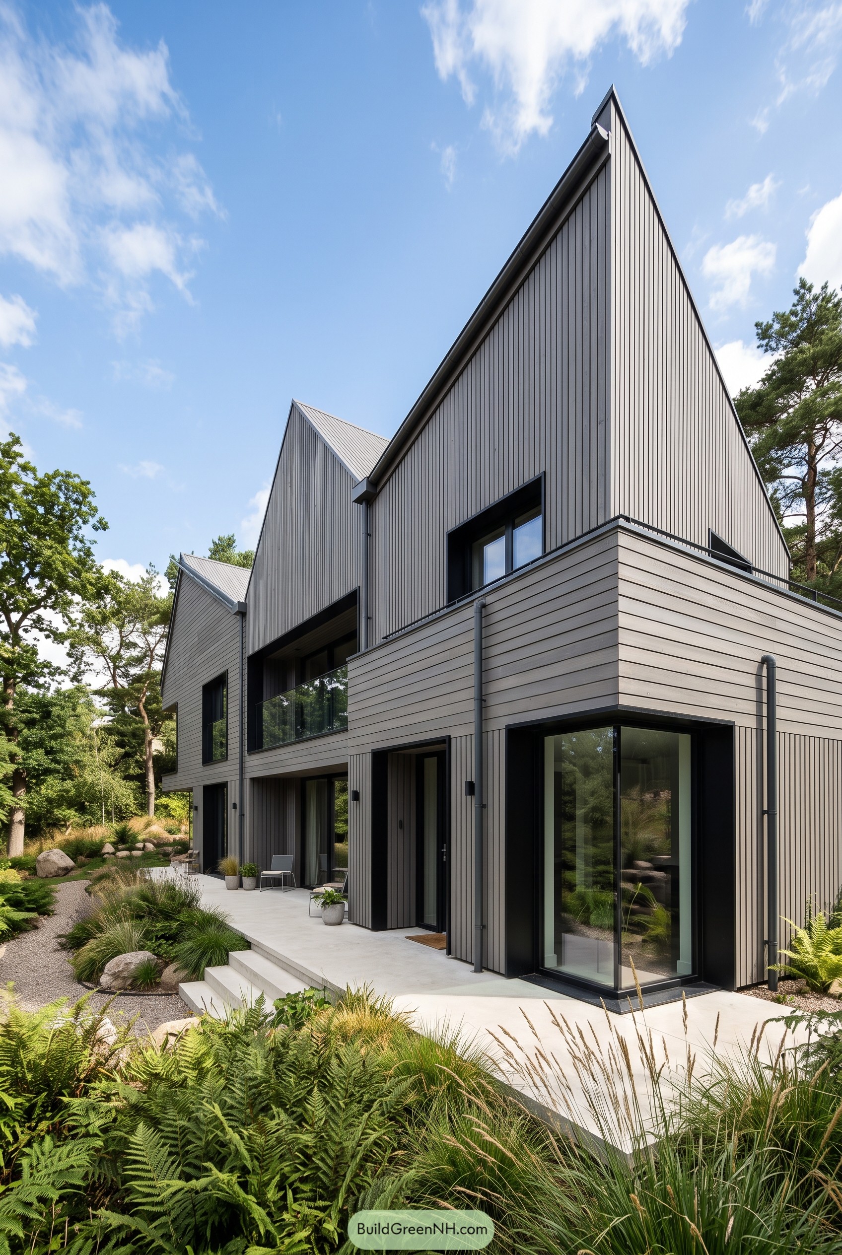 Modern grey wood clad gabled home
