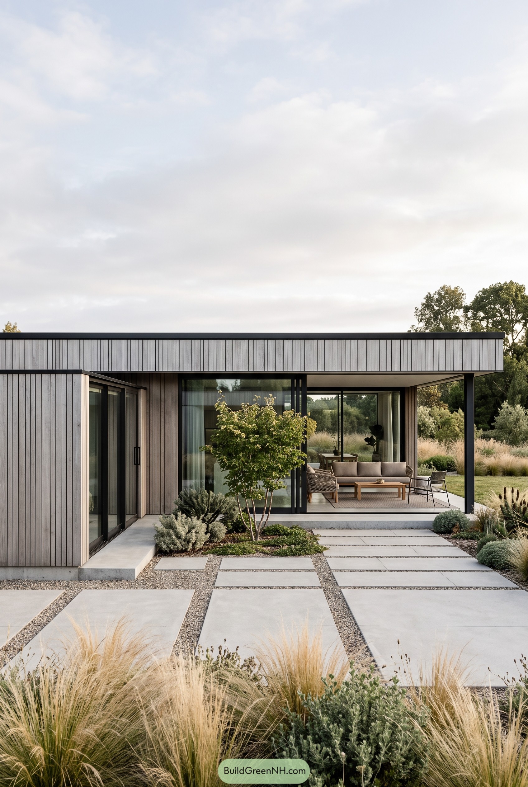 Flat roof grey clad home with courtyard patio