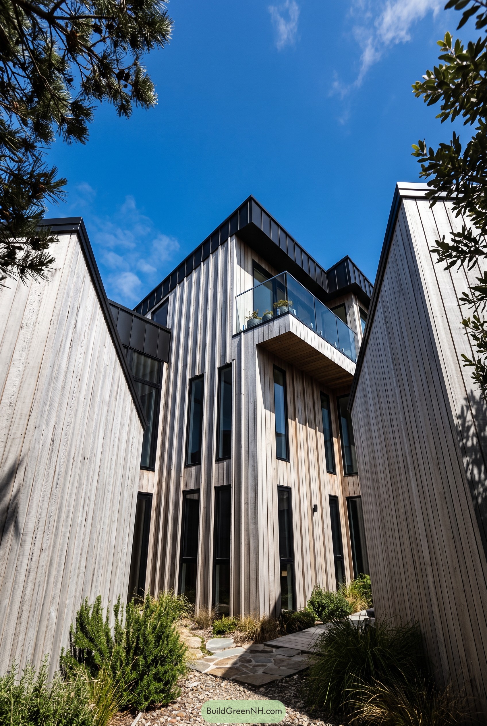 Modern grey wood house with glass balcony