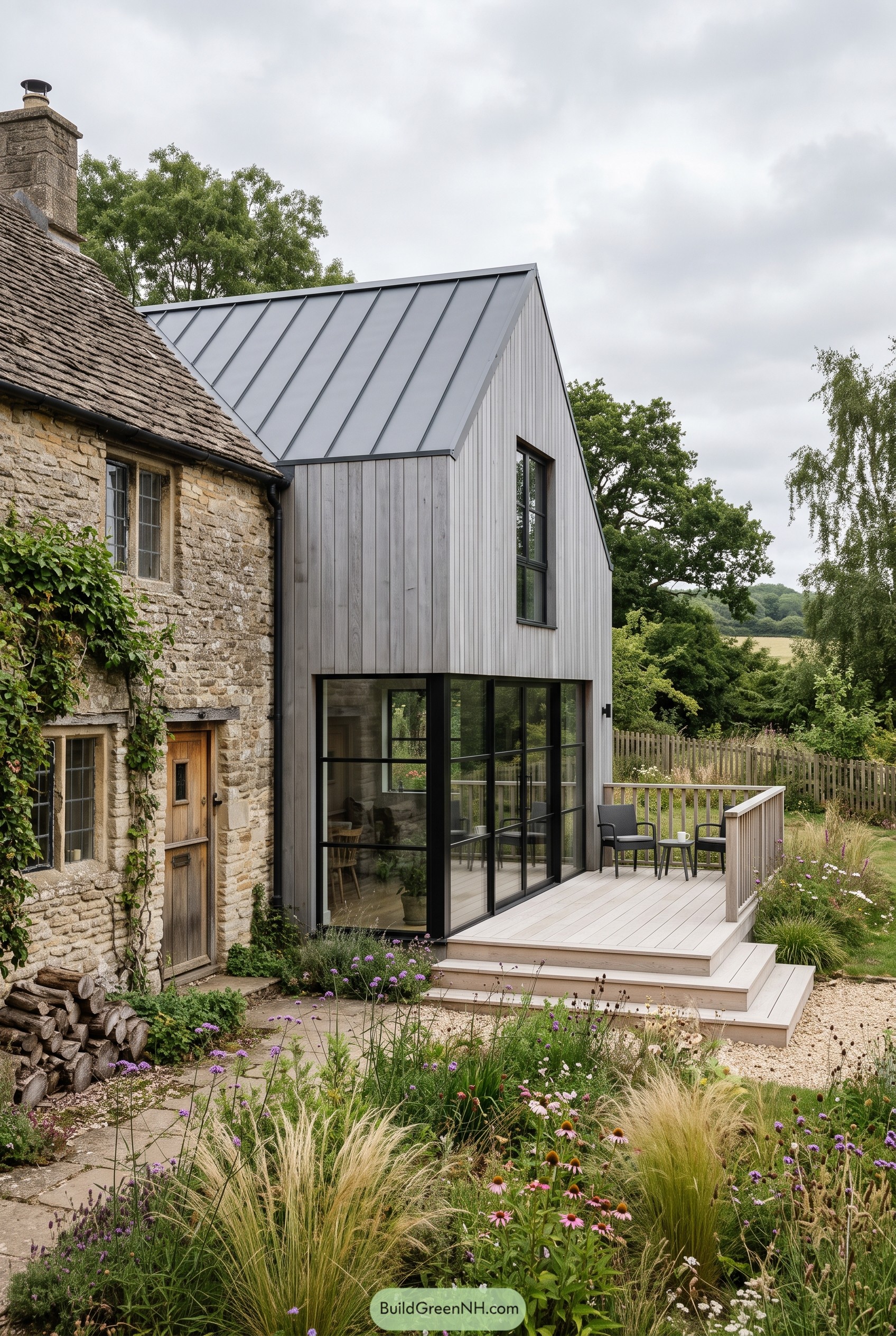 Grey timber gable extension beside stone cottage