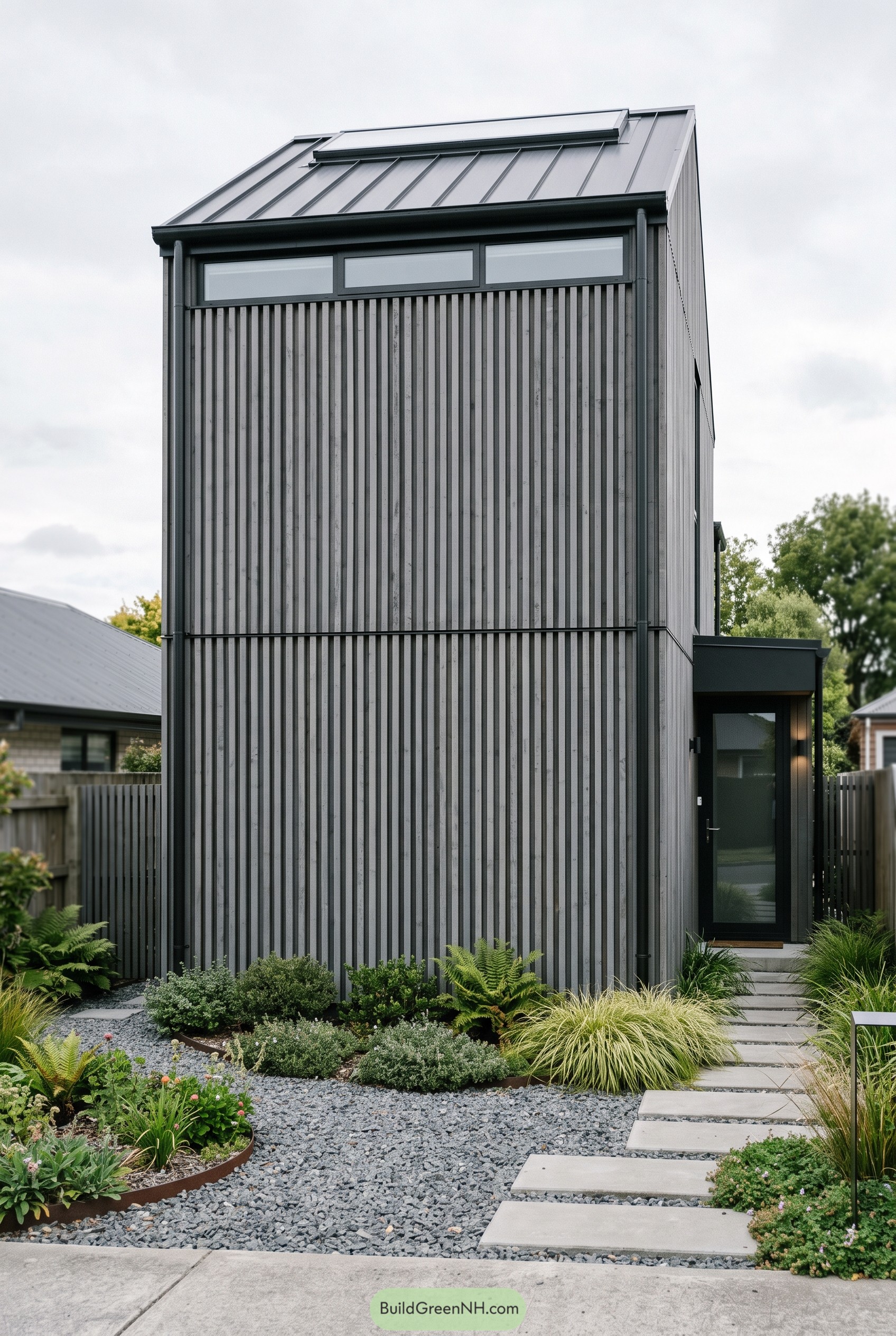 Tall grey clad house with garden path