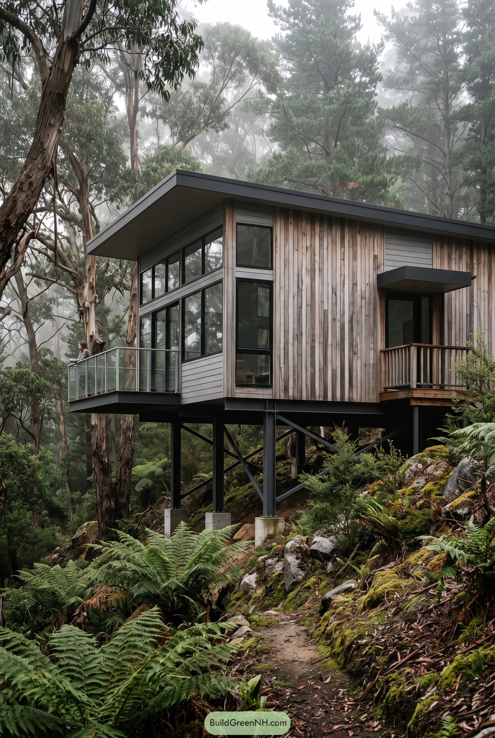Elevated grey wood house in misty forest
