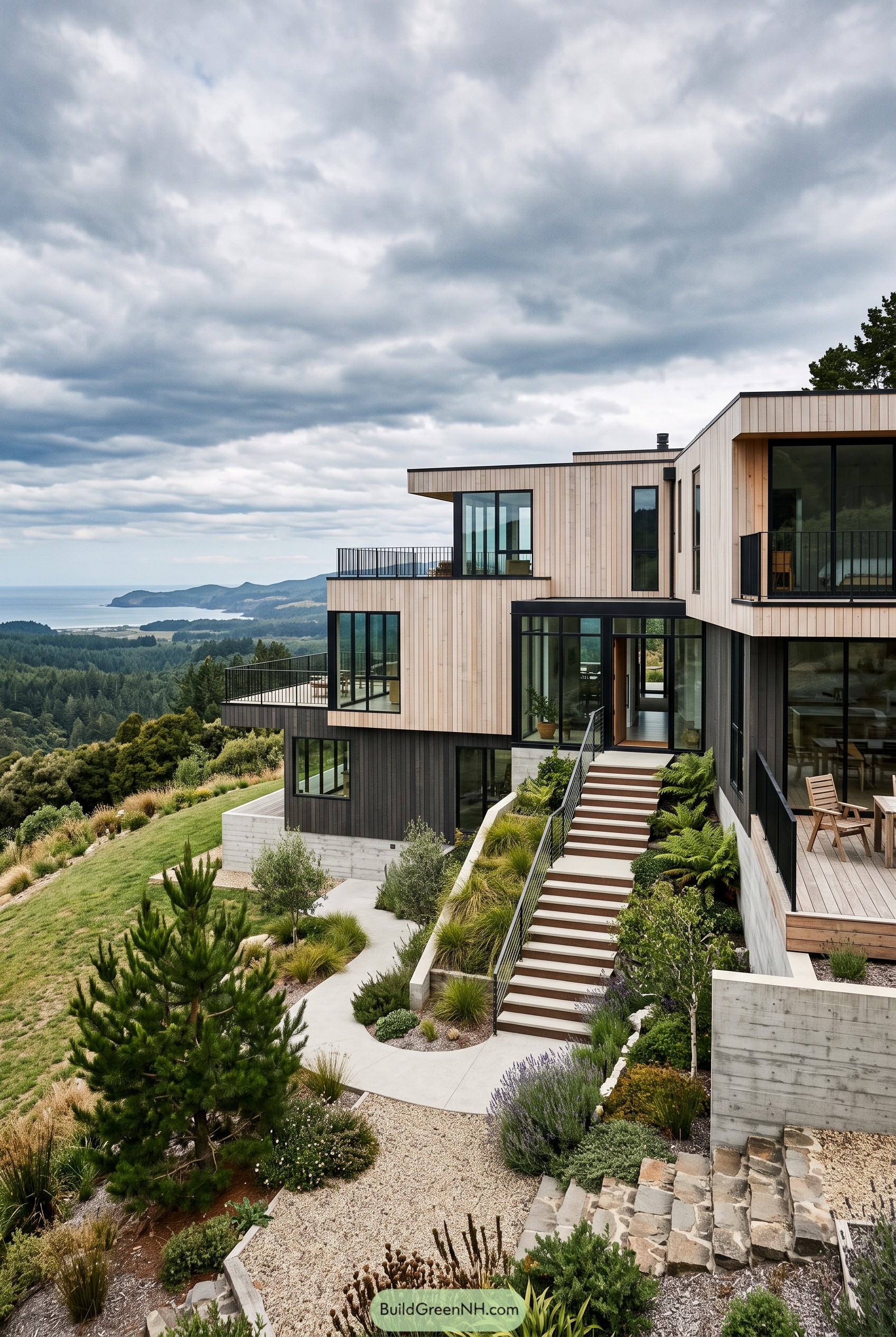 Modern grey wood house overlooking a coast
