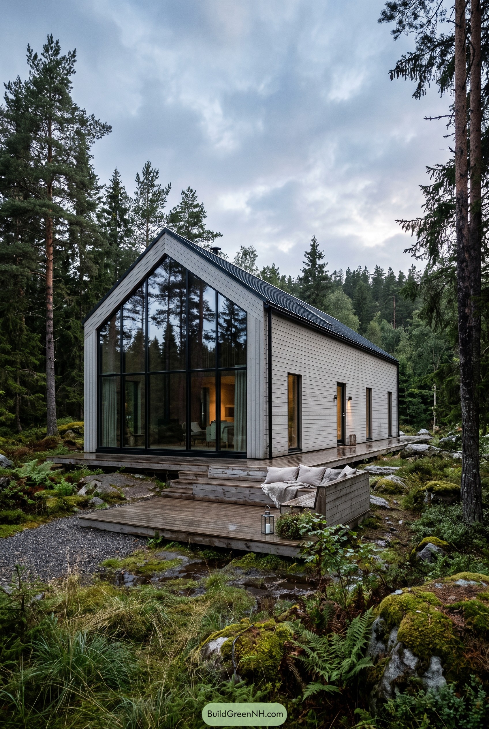 Grey wood gable house in forest