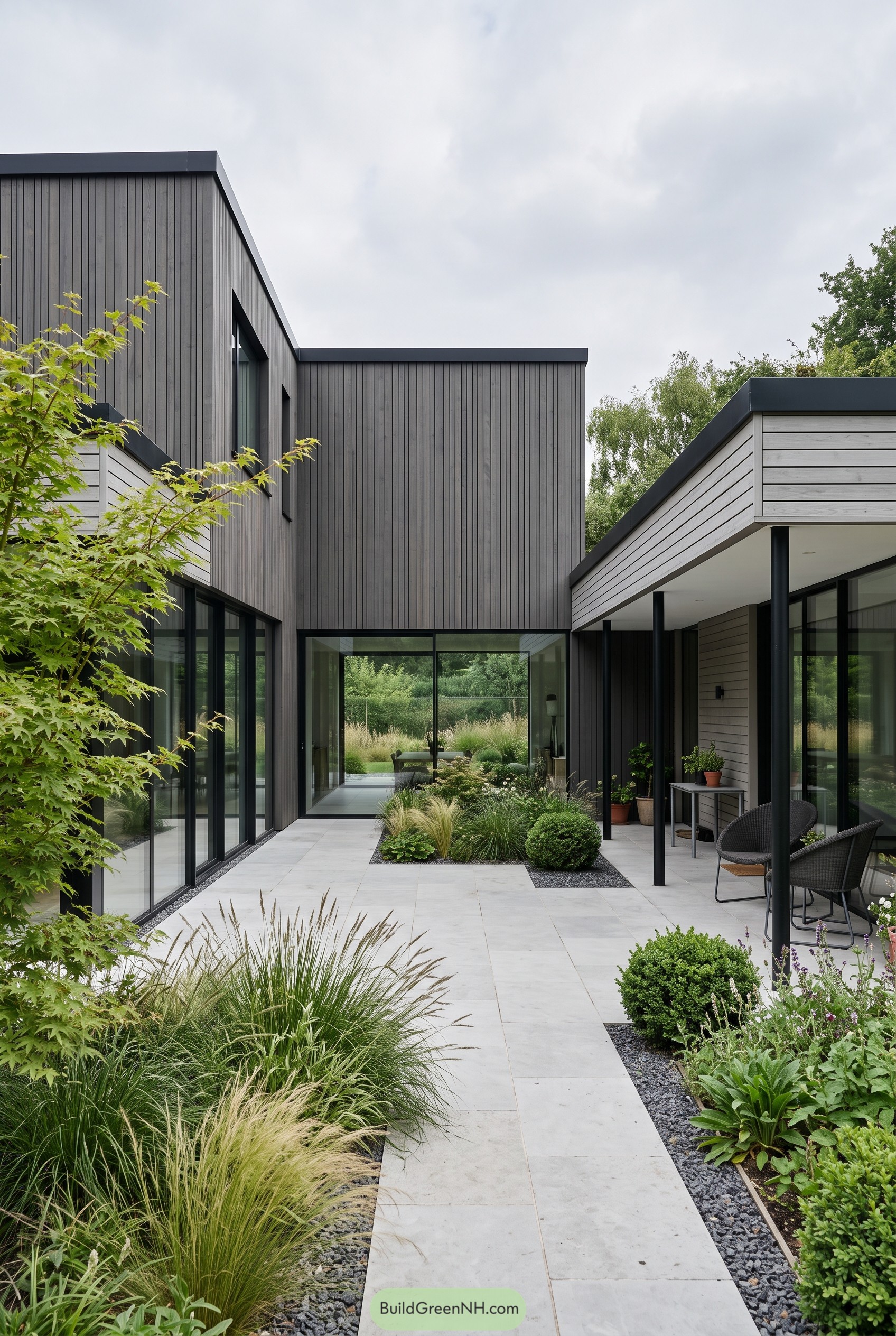 Grey wood clad courtyard house with lush planting