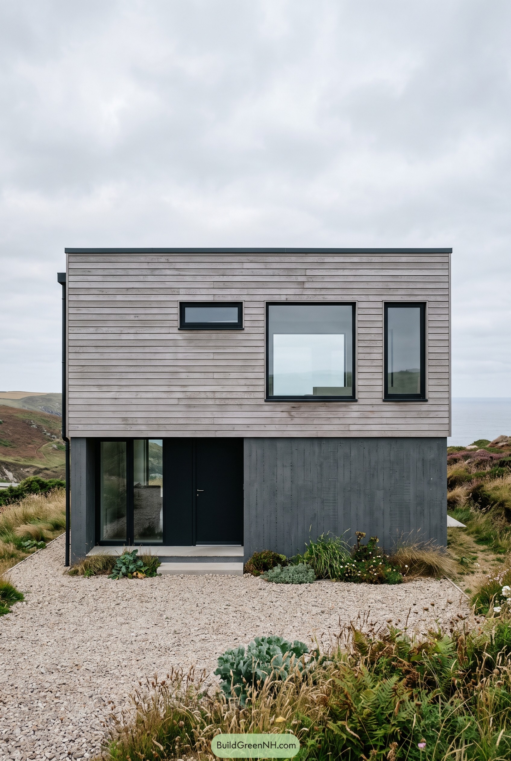 Modern coastal house with grey wood cladding