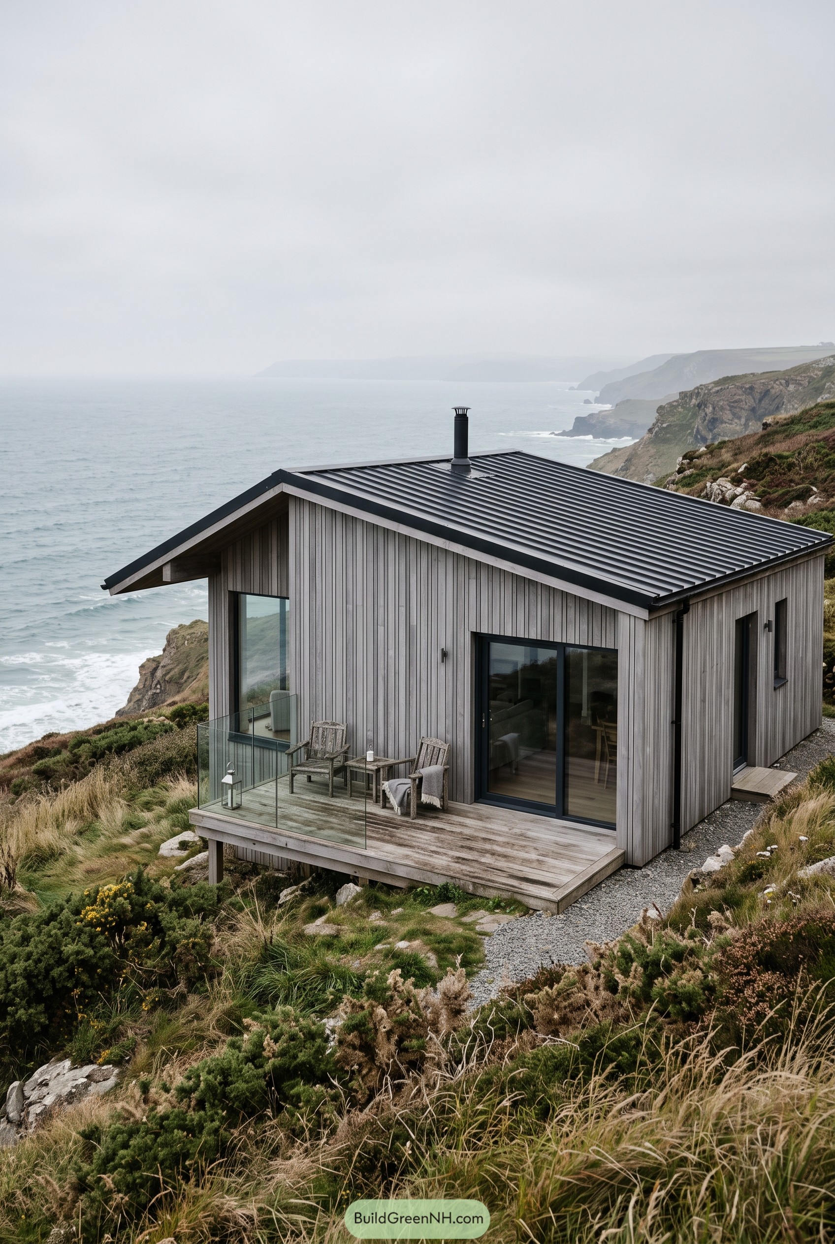 Grey wood clad cliff house overlooking sea
