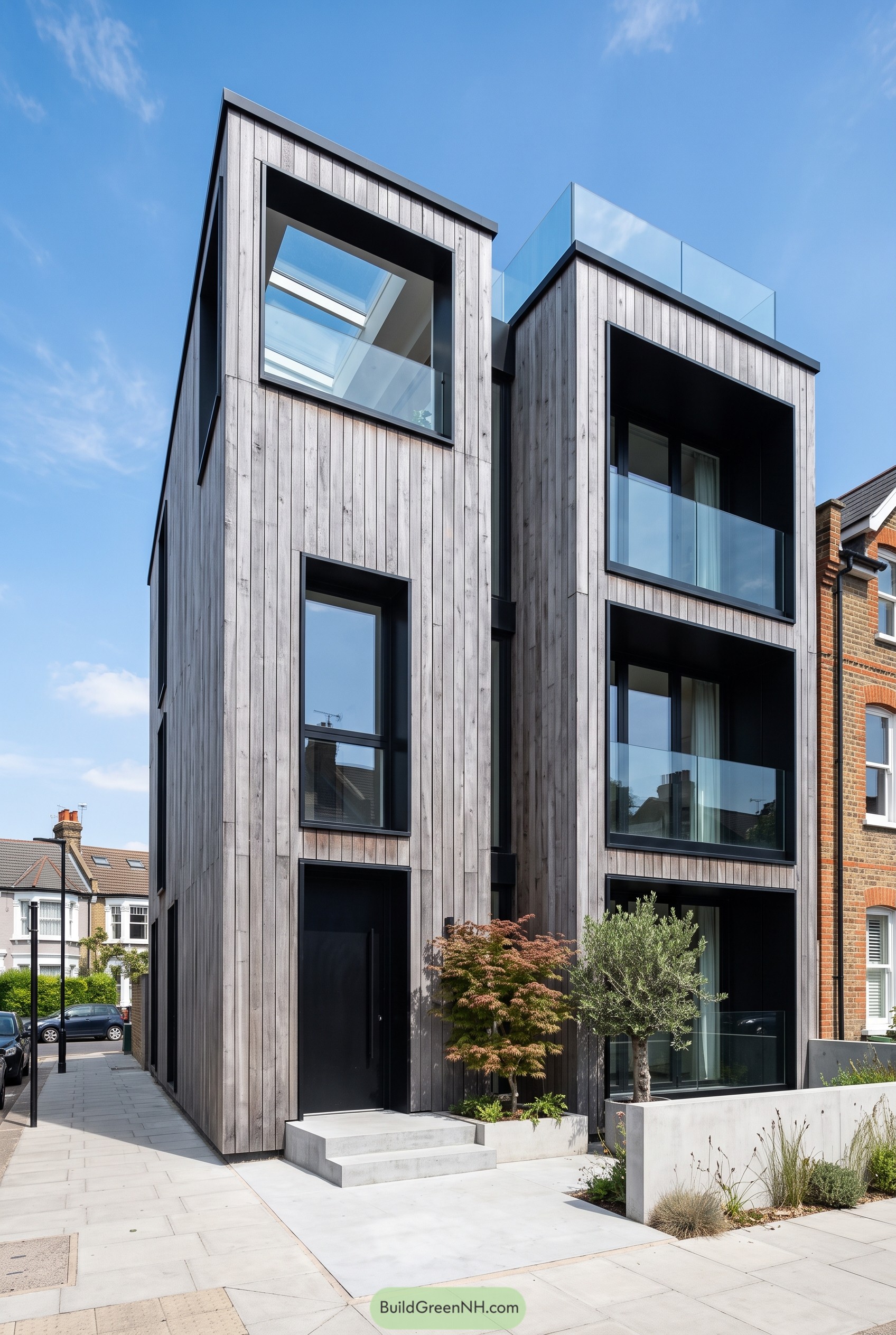 Modern grey wood clad townhouse with glass balconies