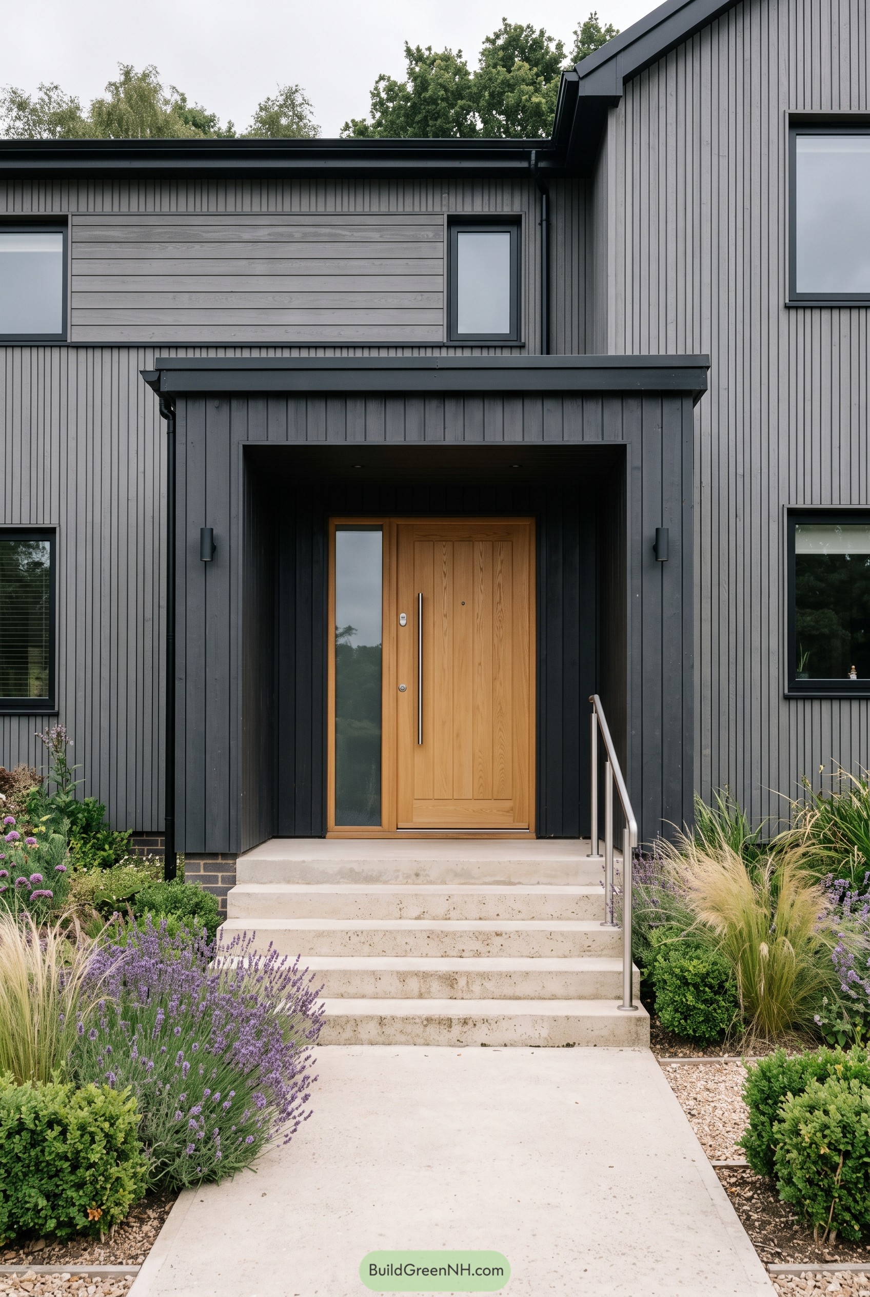 Grey wood clad entry with warm timber door