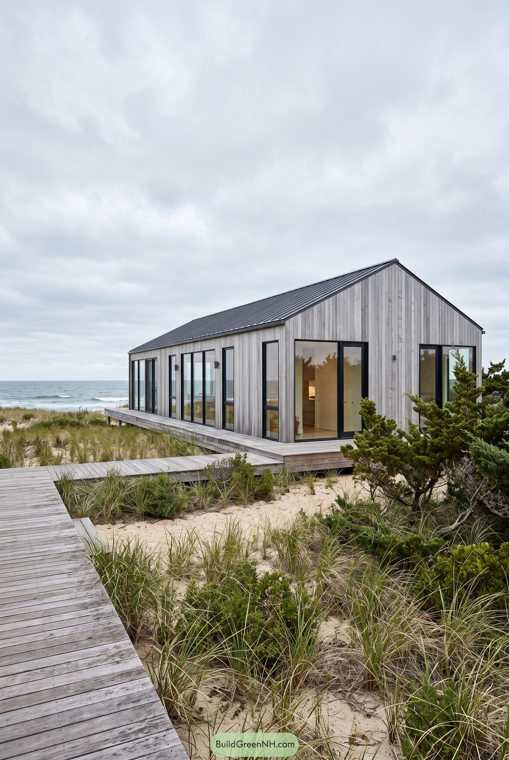 Grey timber gable house beside coastal dunes