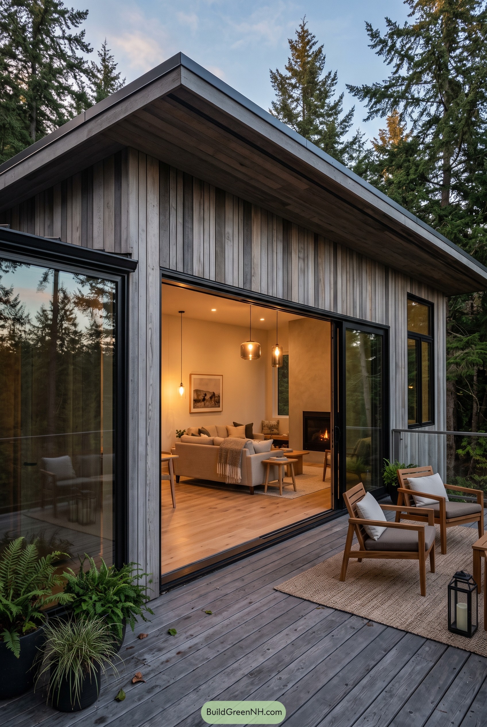 Grey wood-clad forest home with deck