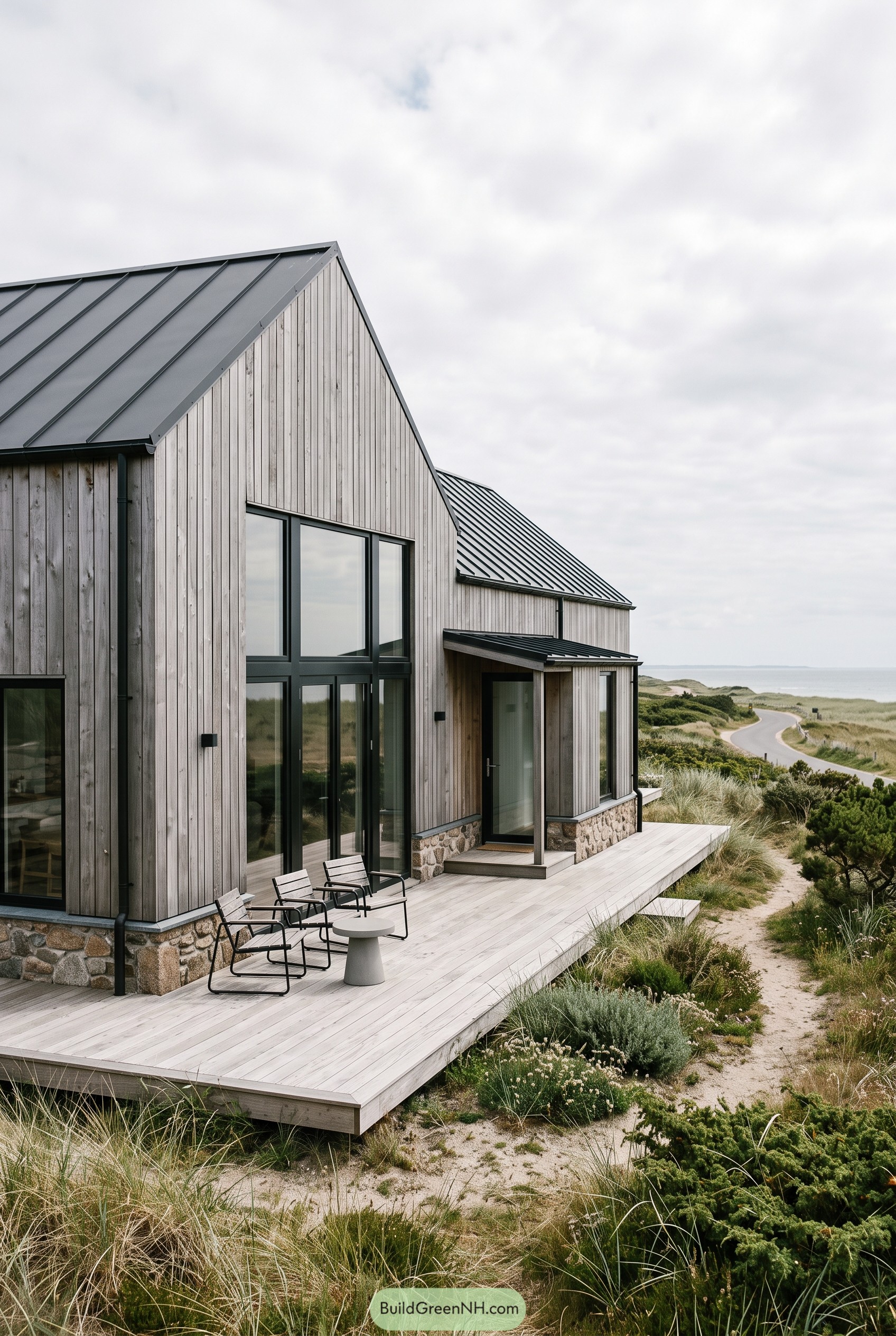 Grey timber coastal house with black metal roof