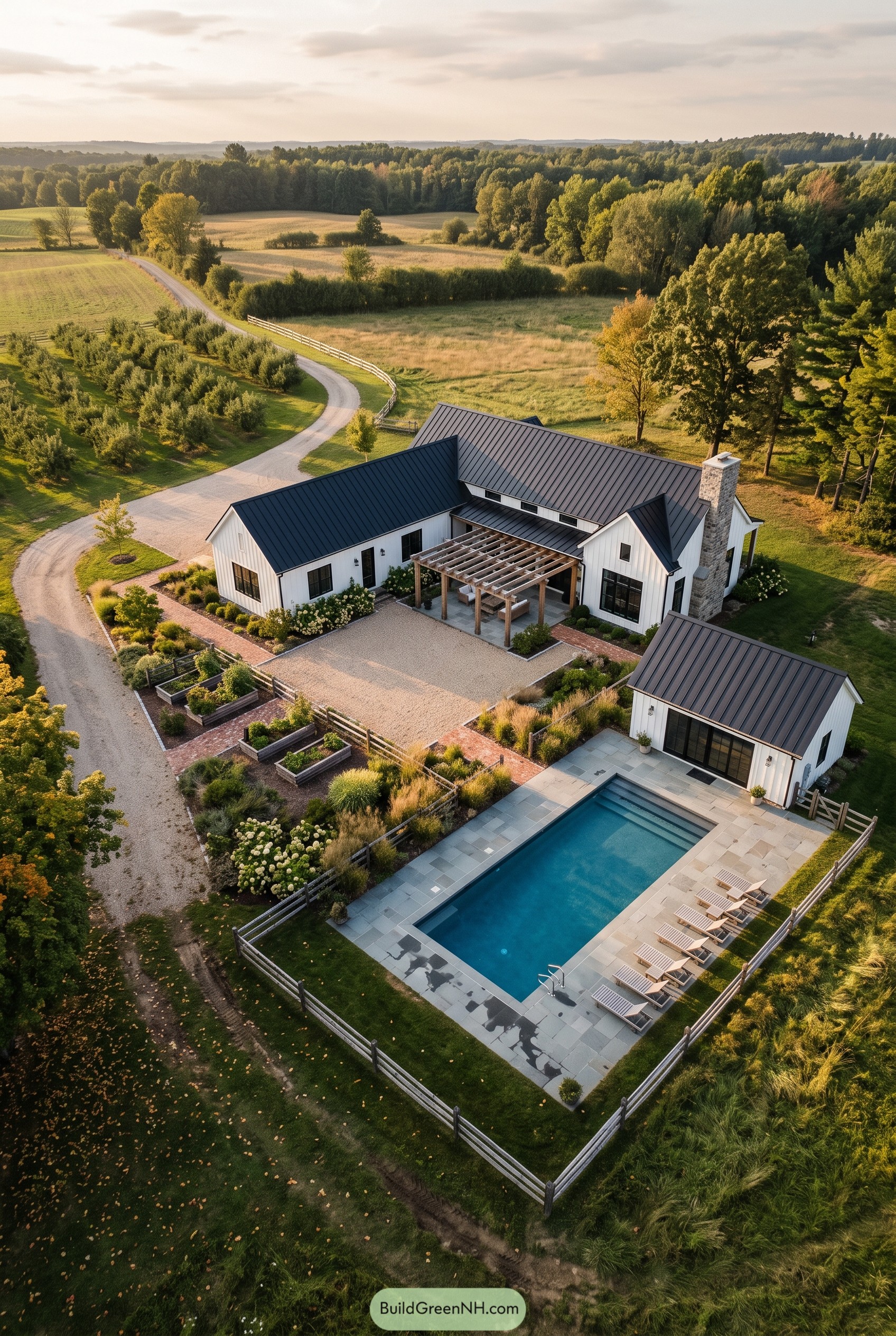 Modern farmhouse with fenced pool and countryside gardens