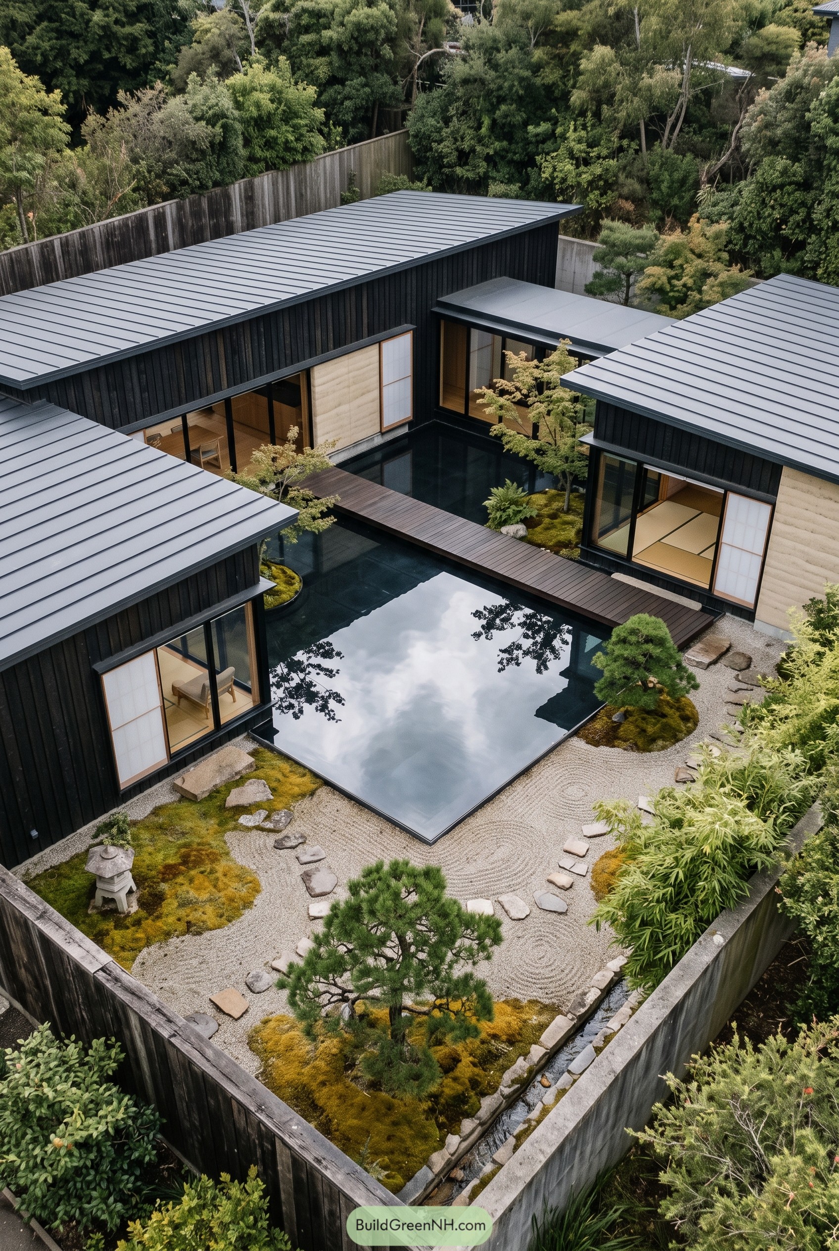 Japanese inspired black courtyard home with reflecting pool
