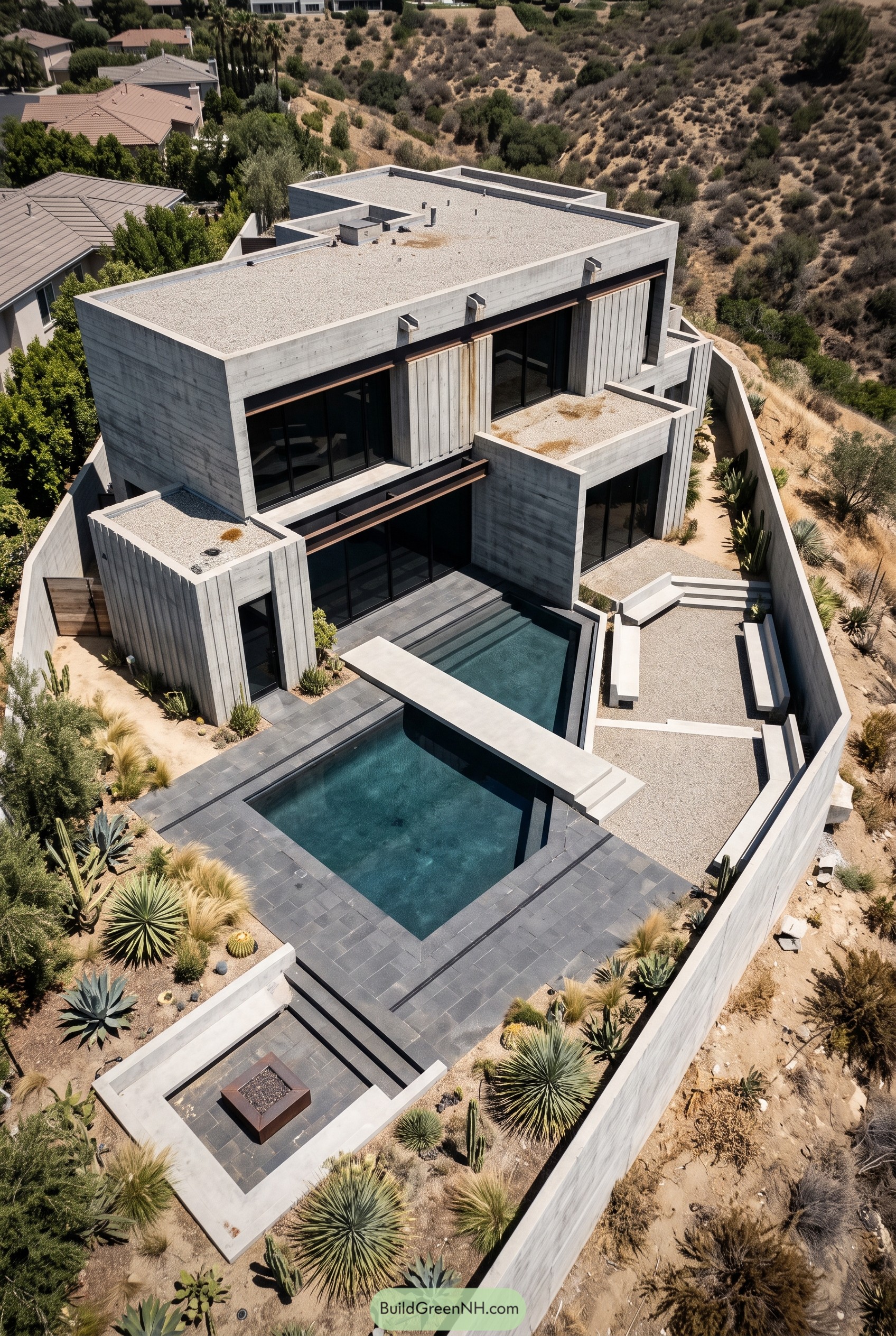 Concrete hillside home with desert pool