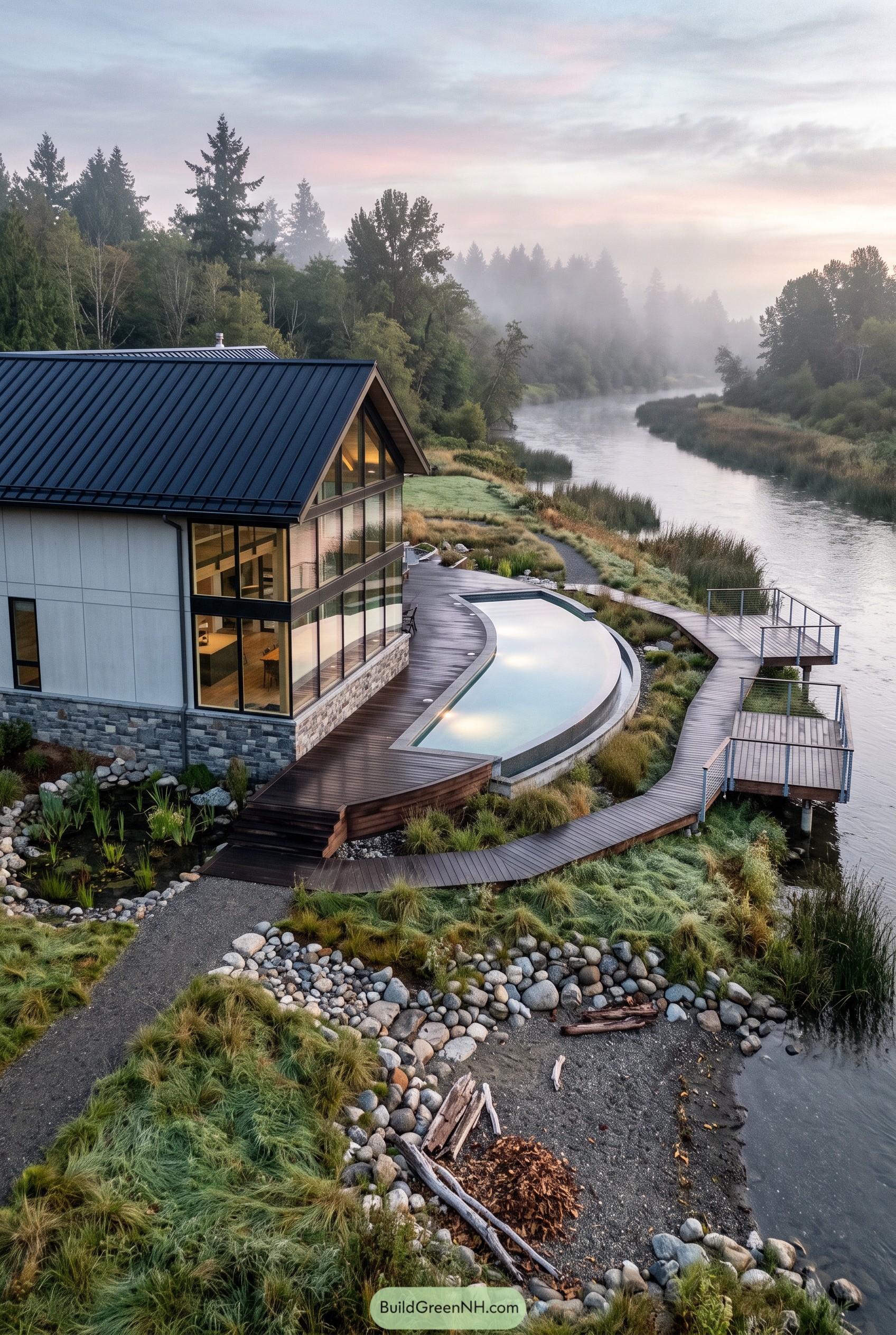 Riverside modern home with curved pool and dock