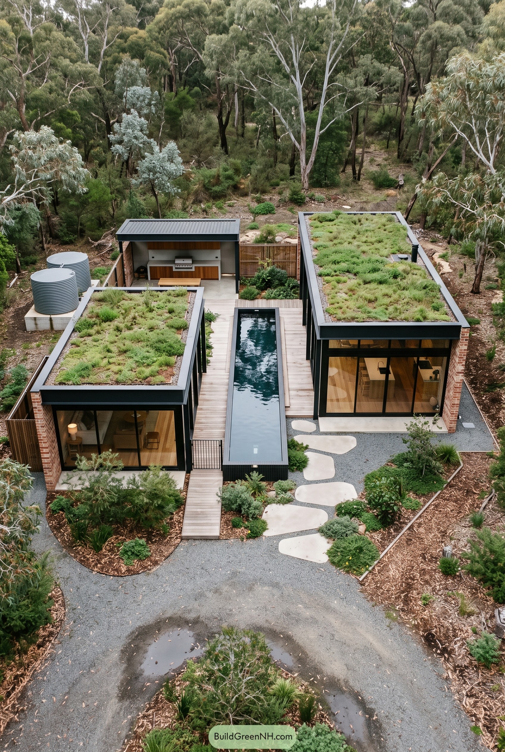 Green roof pavilions with a central lap pool