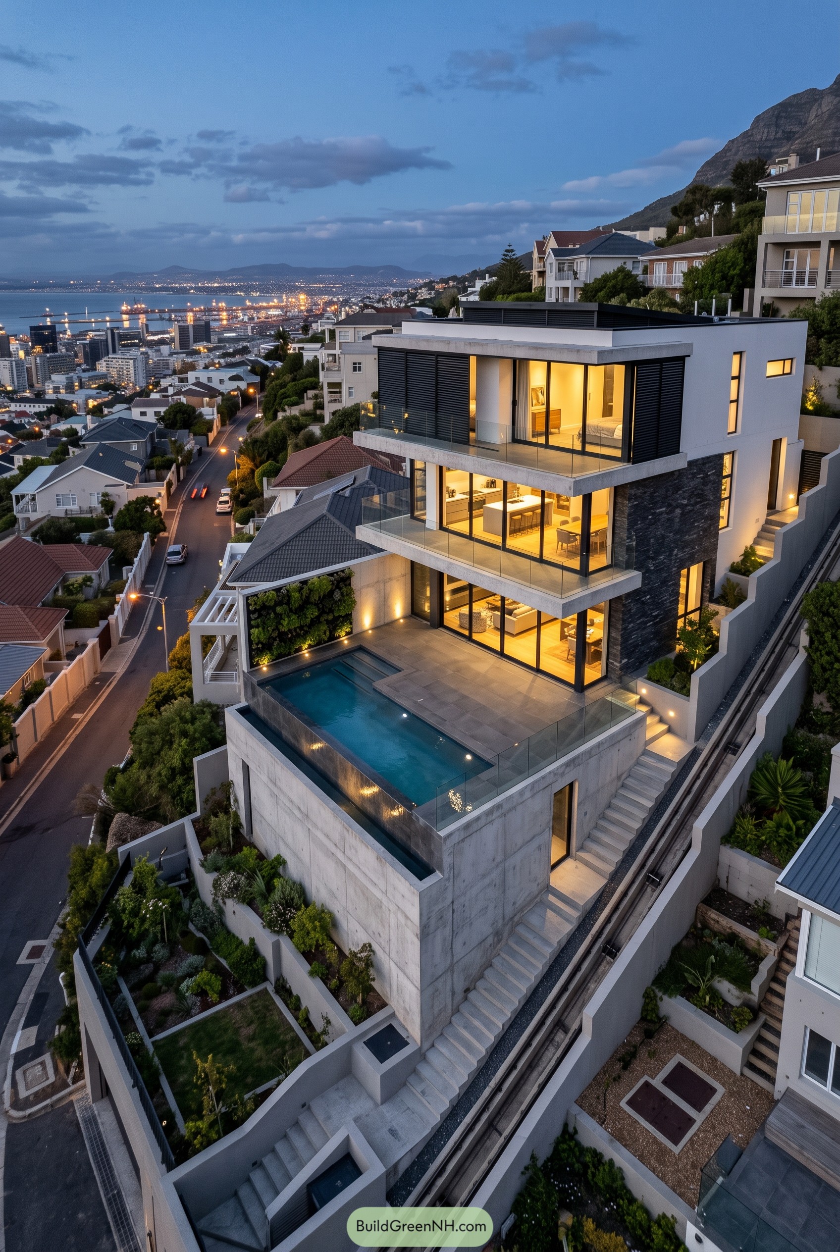Hillside modern home with elevated pool