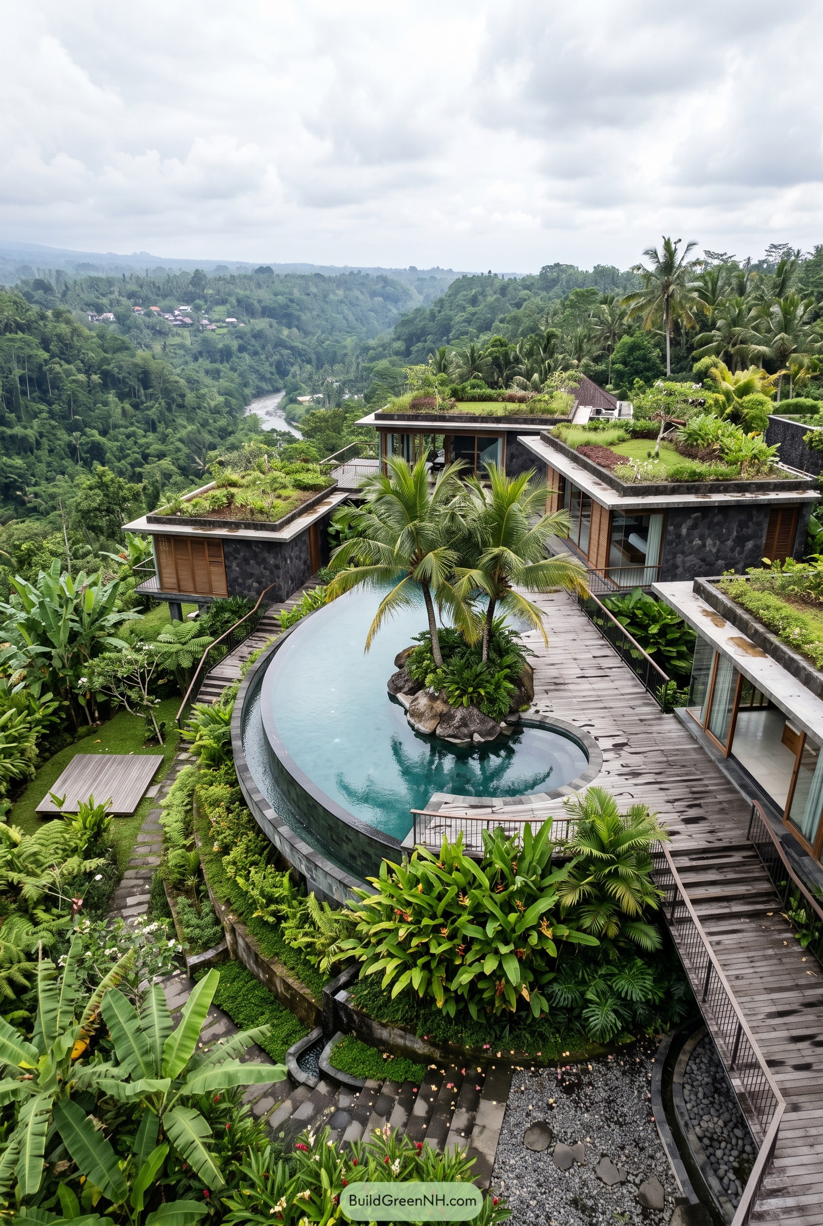 Tropical hillside villa with rooftop gardens and curved pool