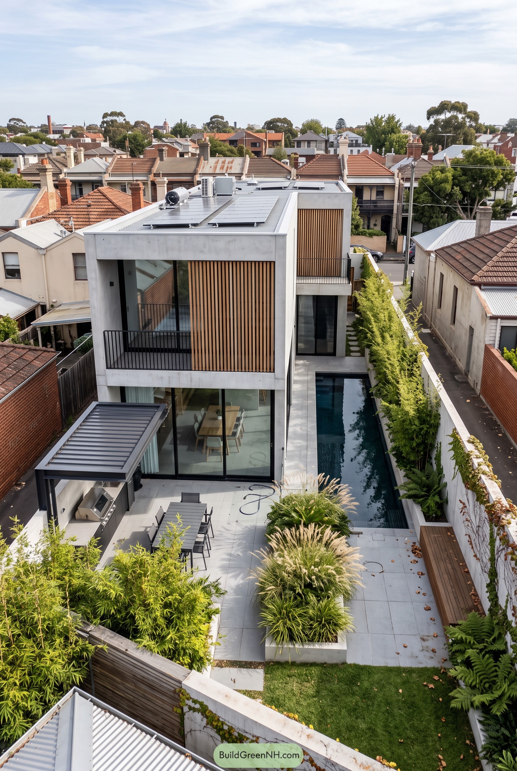Modern narrow home with lap pool