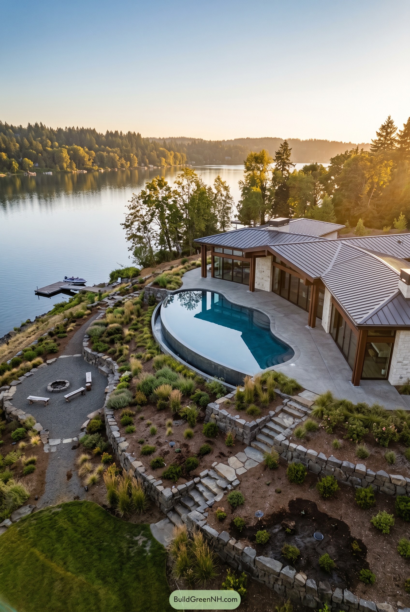 Lakeside home with curved infinity pool