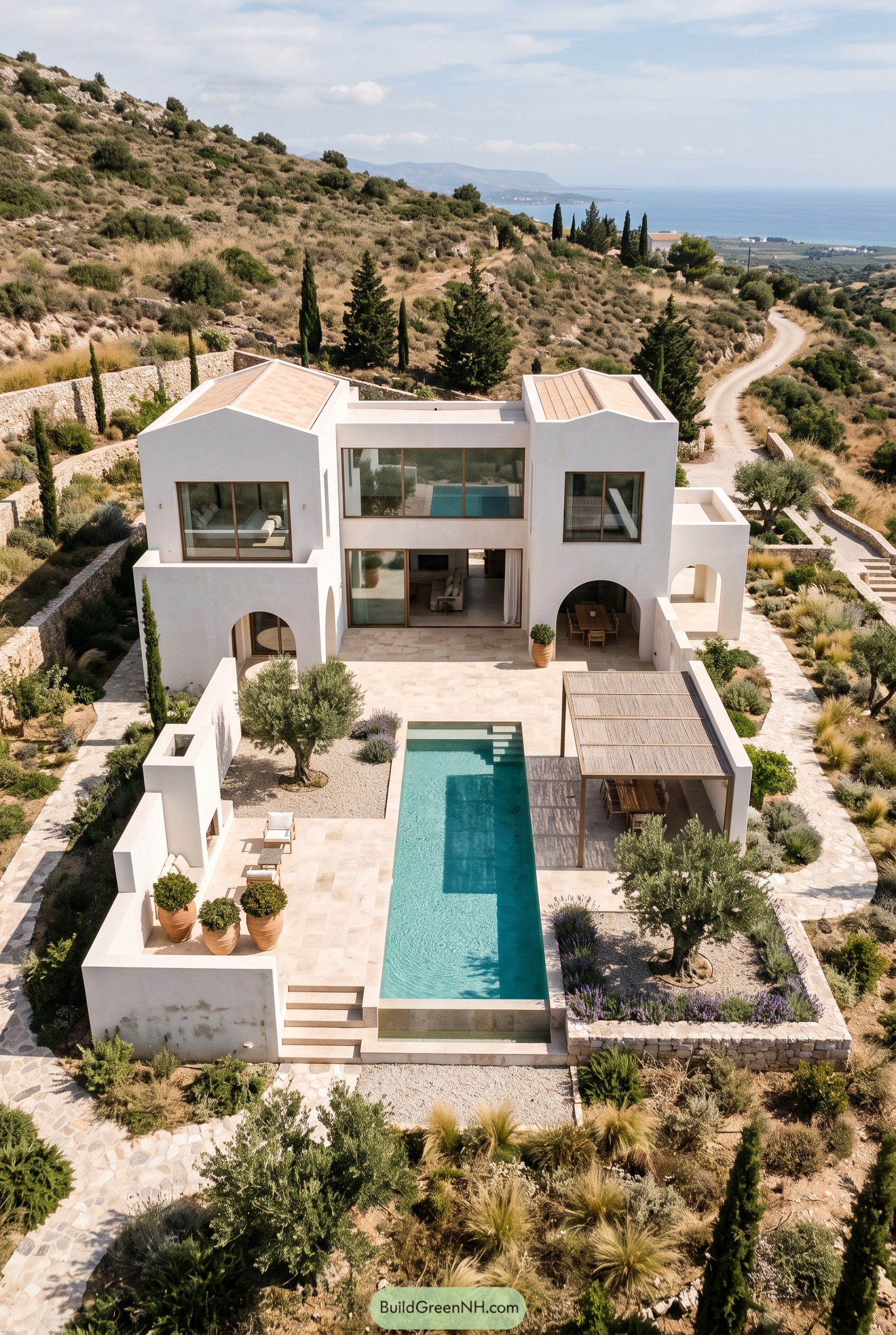 White hillside villa with long pool