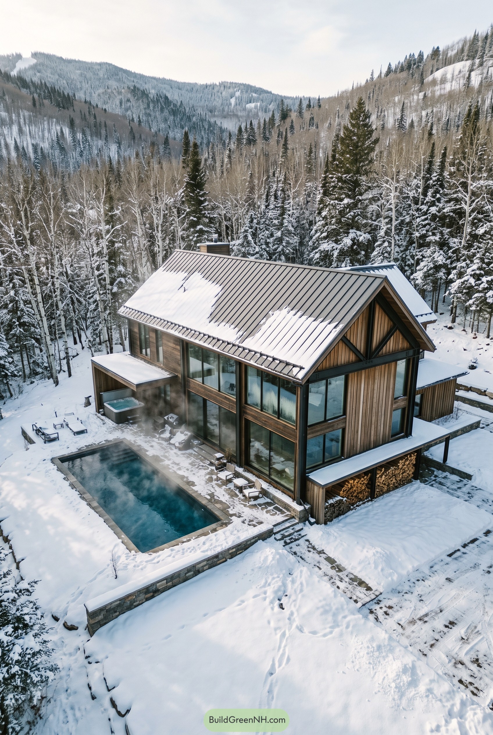 Snowy mountain house with outdoor pool