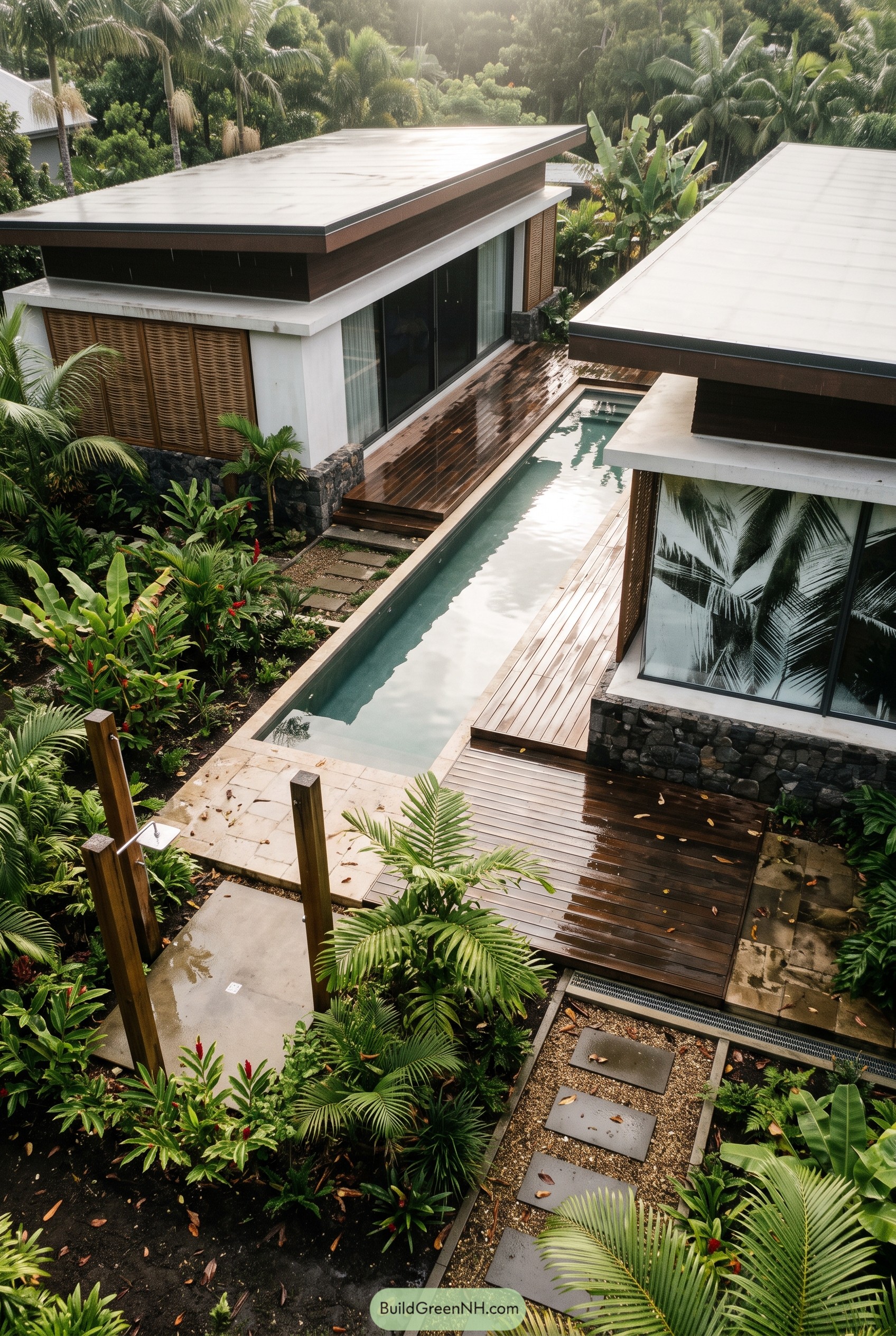 Tropical modern home with narrow pool between pavilions