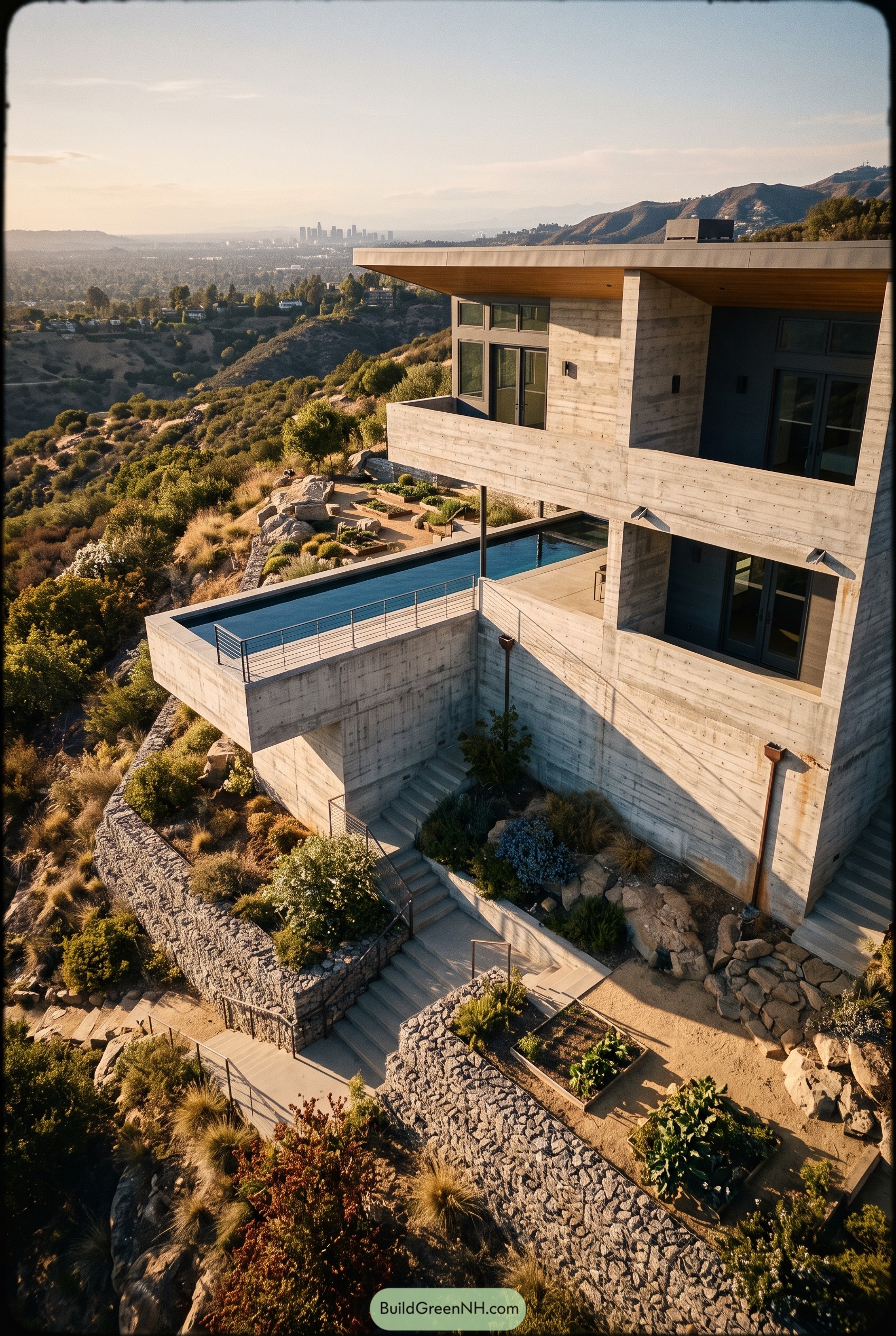 Concrete hillside home with cantilevered pool