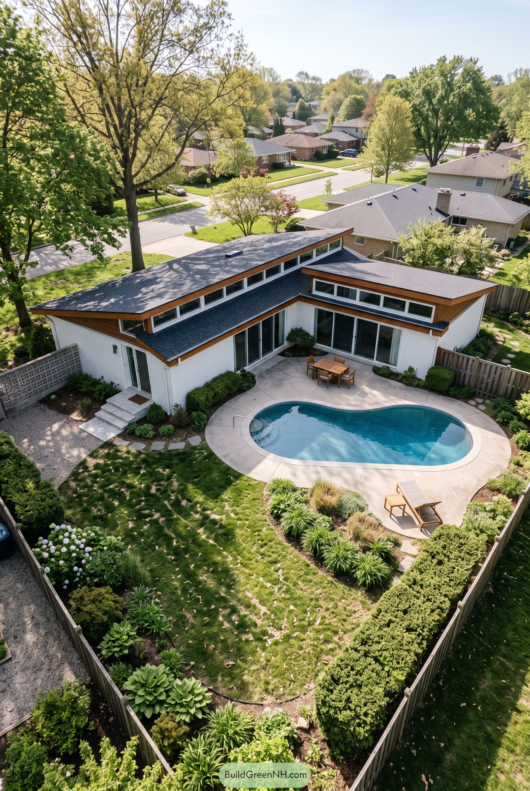 Aerial view of modern home with backyard pool