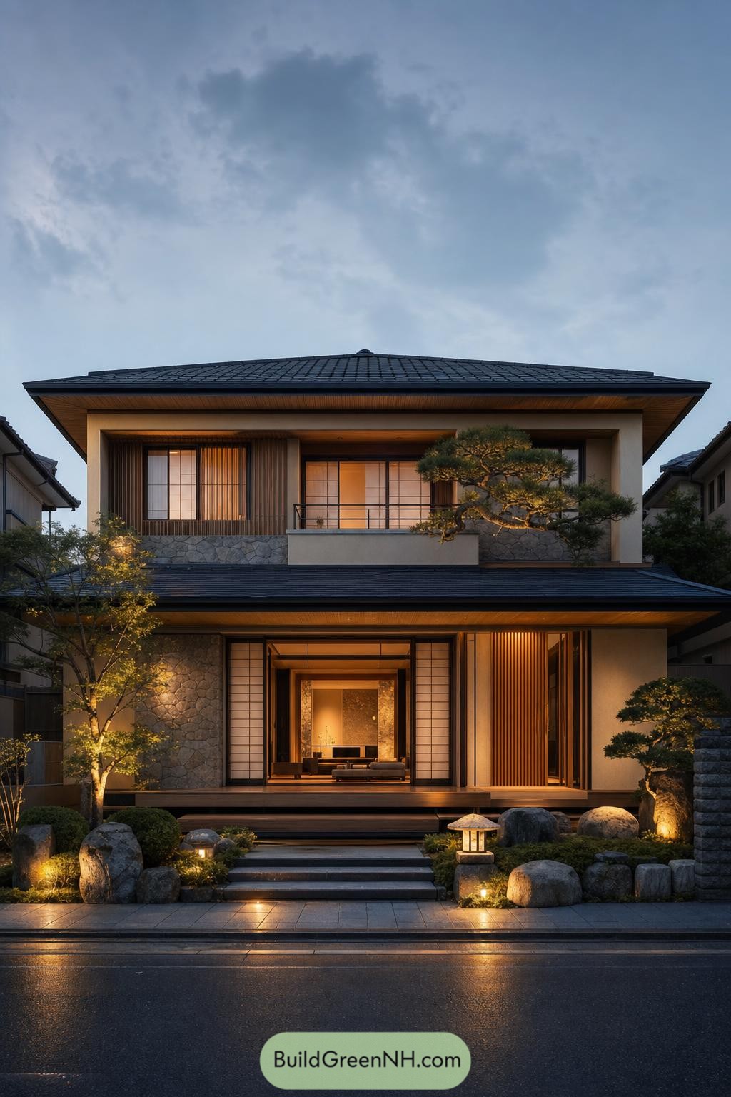 Two-story Japanese-style home with stone garden and glowing wood screens