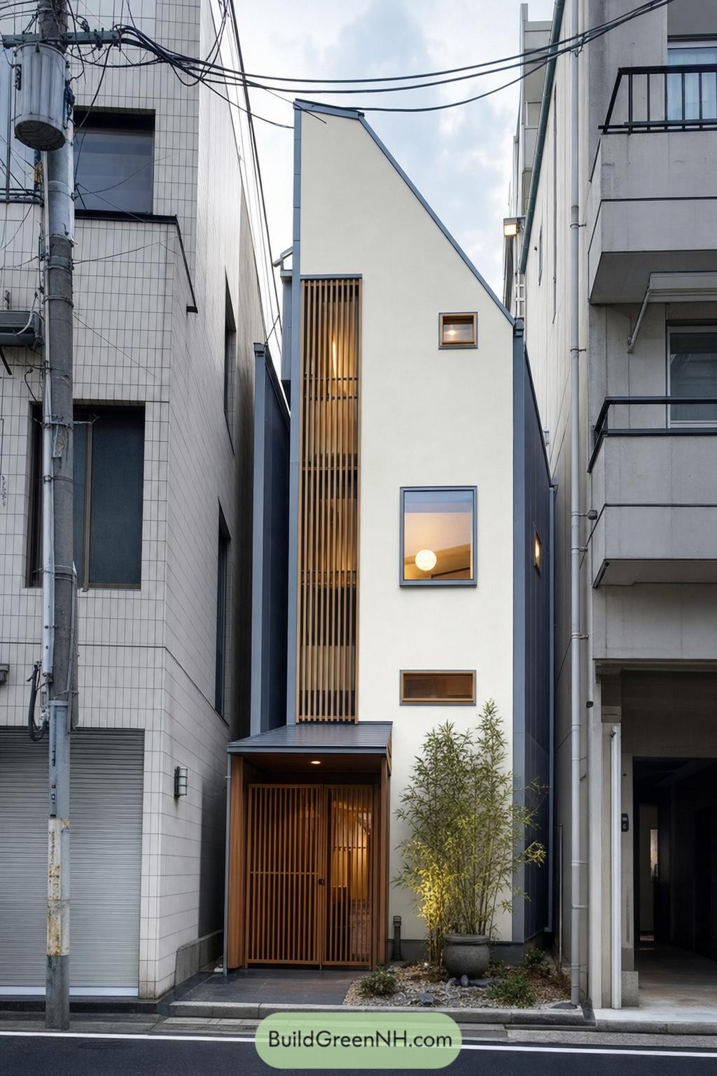 Slim urban home with timber screens and angled roofline