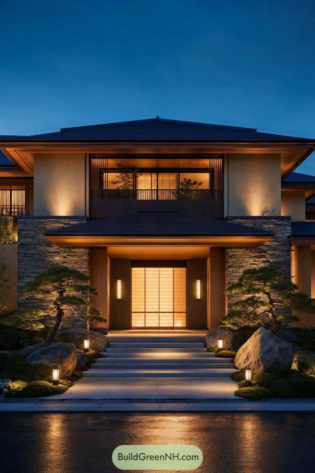 Illuminated Japanese home entrance with stone walls and pine garden
