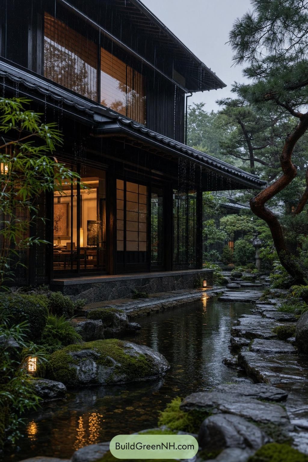 Dark timber home beside a stone-lined rain garden