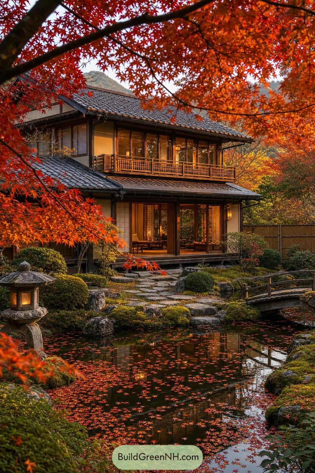 Traditional Japanese villa beside a leaf-strewn pond beneath red maples
