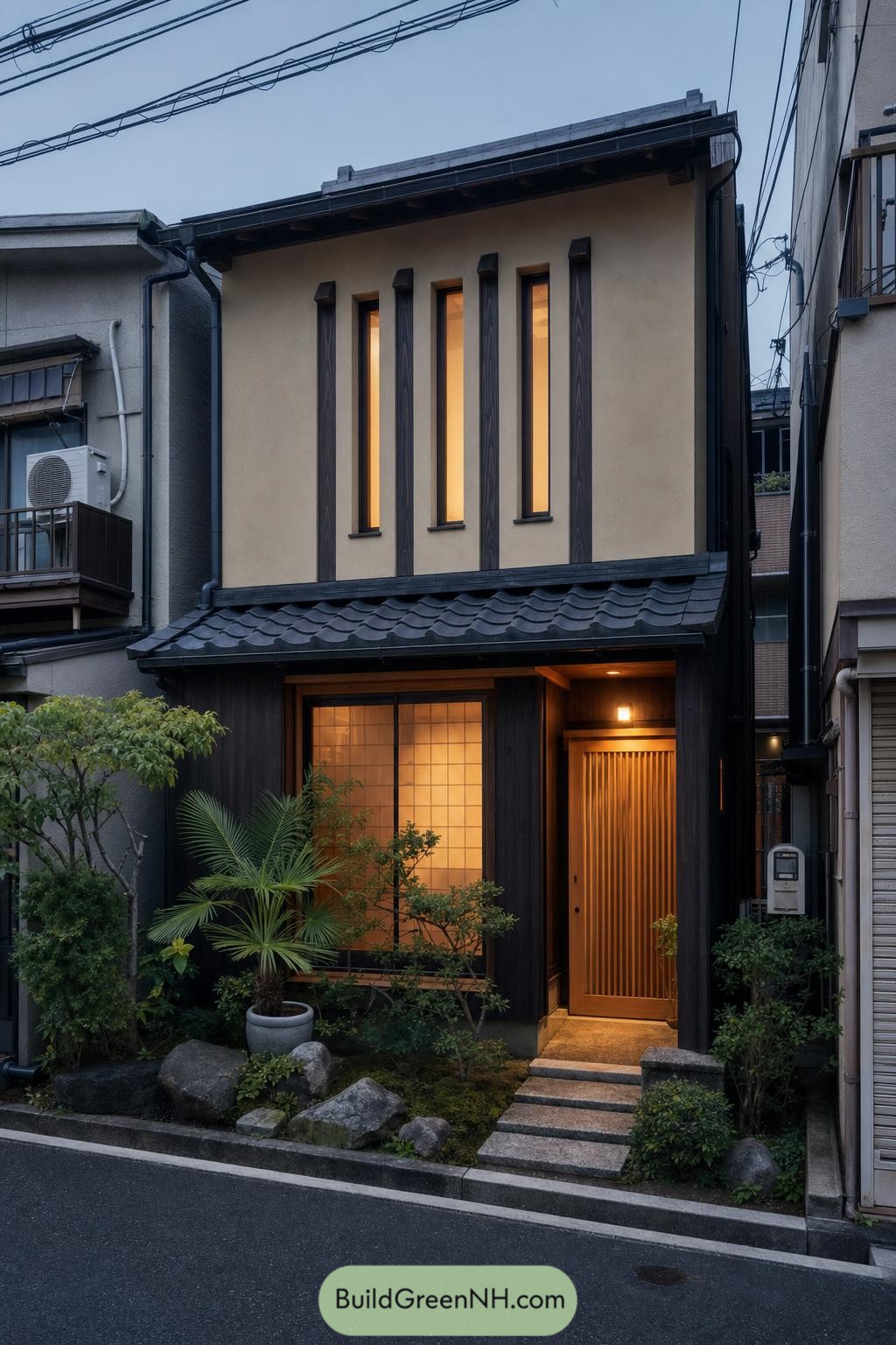 Two-story Japanese home with shoji window tiled roof and entry garden