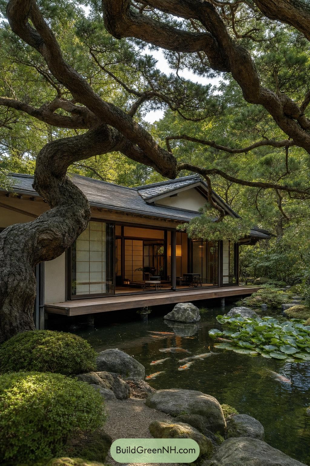 Japanese house beside a koi pond under a sculptural pine tree