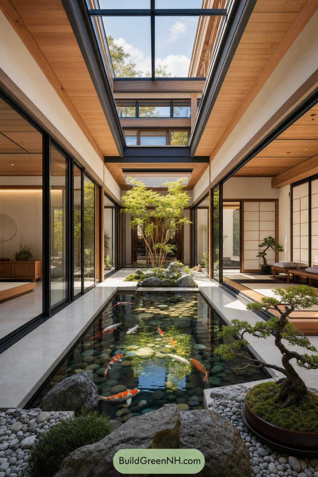 Long interior courtyard with a koi pond beneath a glazed roof and timber-framed rooms