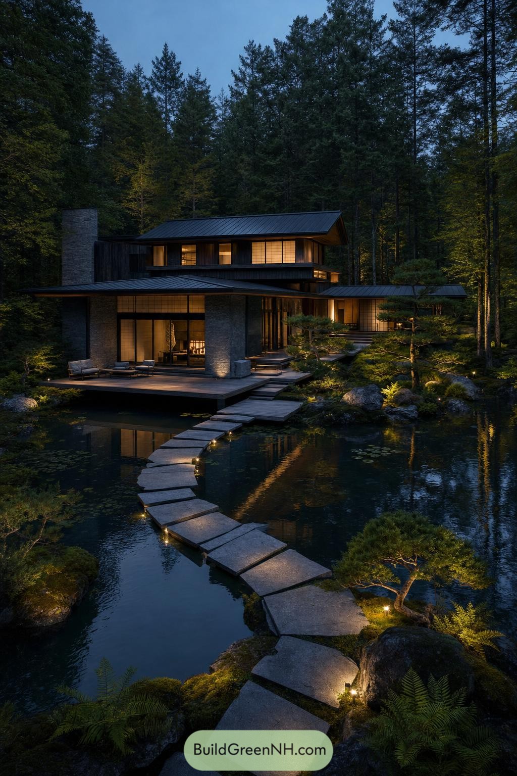 Japanese inspired forest home beside a pond with illuminated stepping stones