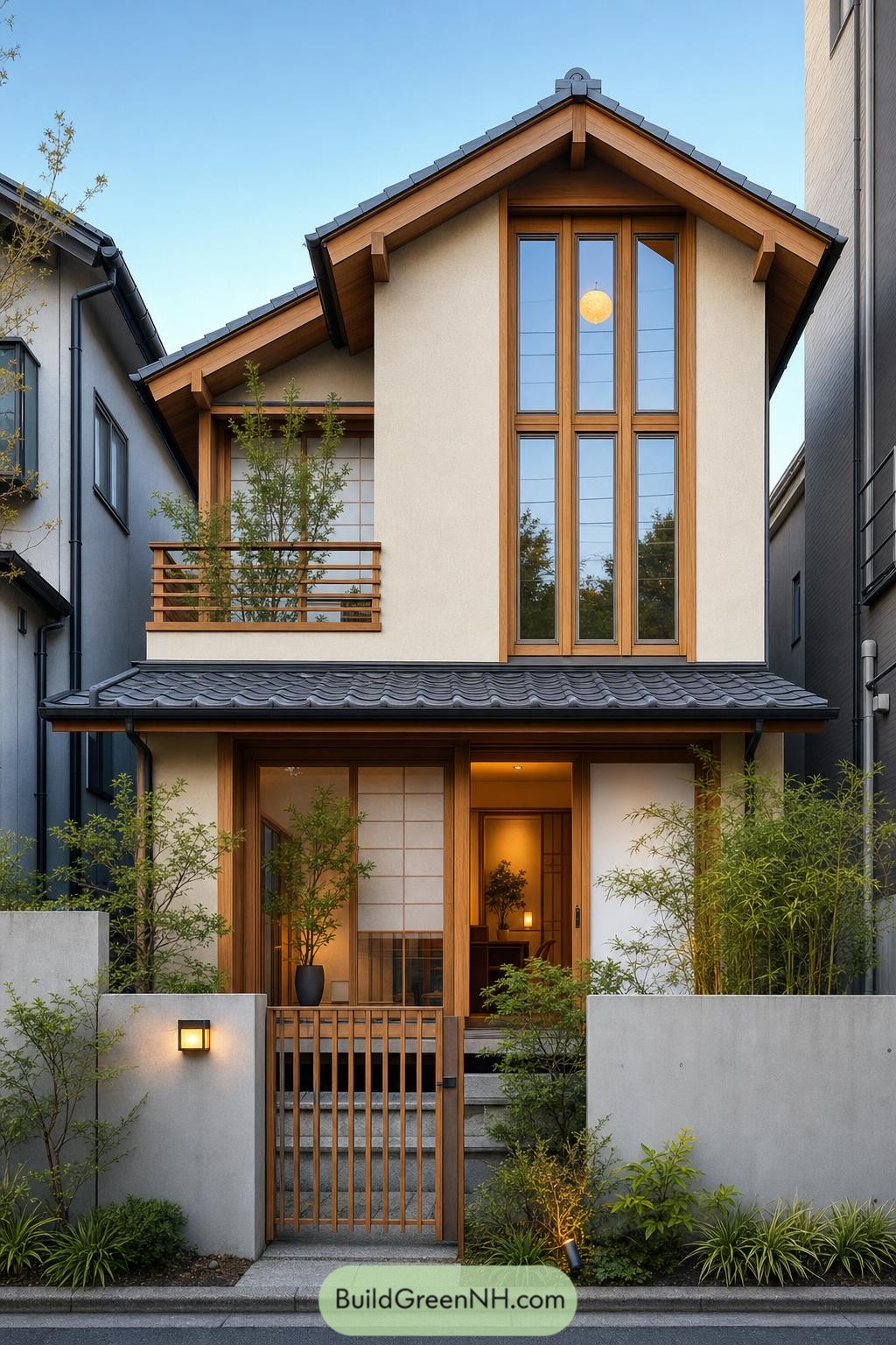 Narrow Japanese home with timber framing and tiled gables
