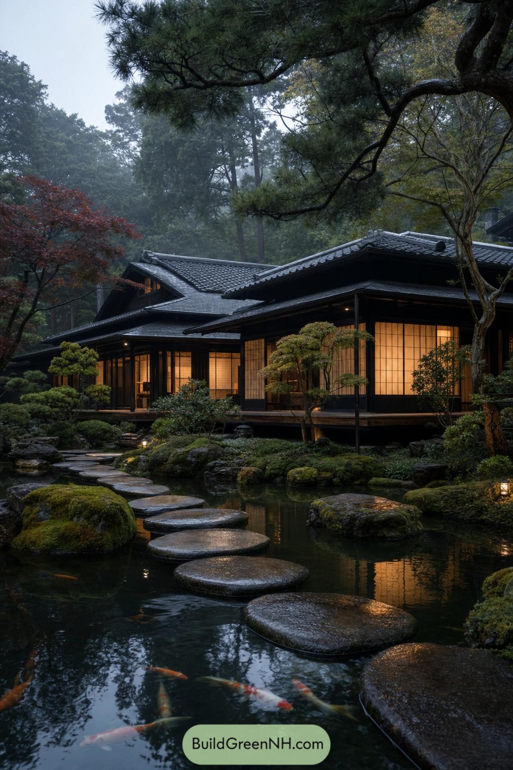 Japanese house with shoji screens beside a koi pond