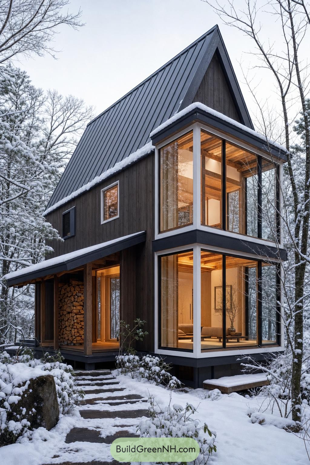 Dark timber house with steep roof and glowing glass corners in snow