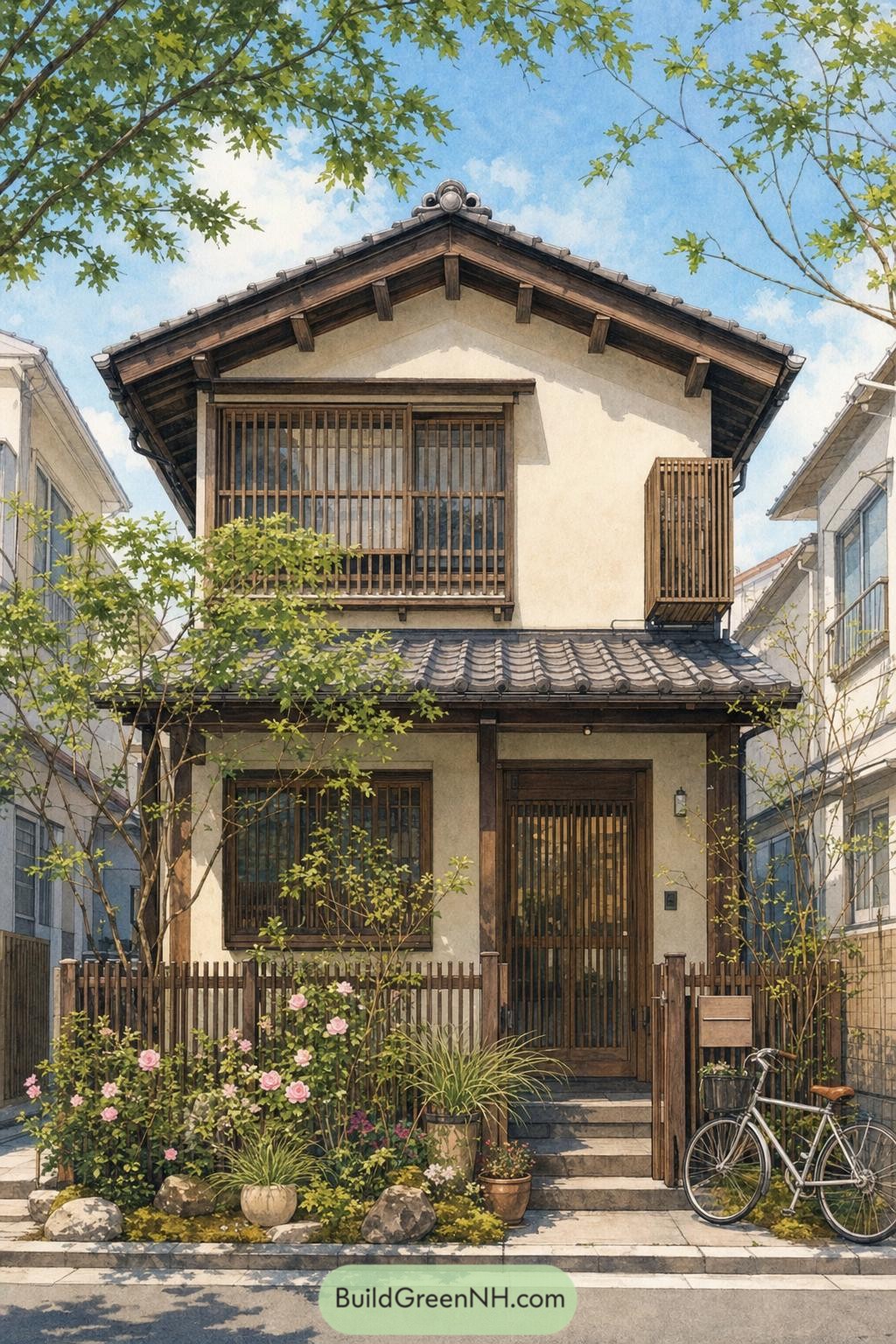 Two-story Japanese home with timber screens tile roof and garden