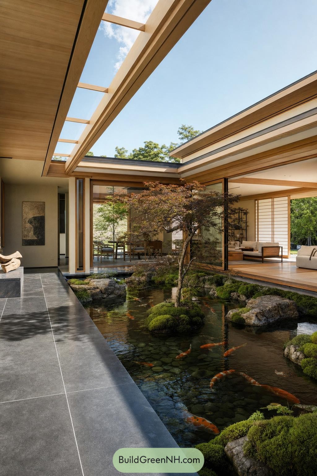 Timber home wrapped around a koi pond courtyard