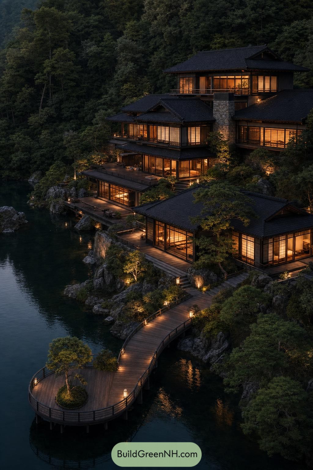 Tiered Japanese villa glowing beside a forested river