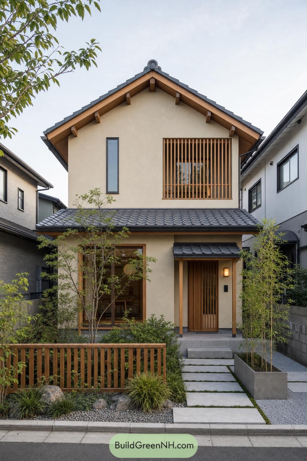 Modern Japanese home with tiled gable roof and slatted entry
