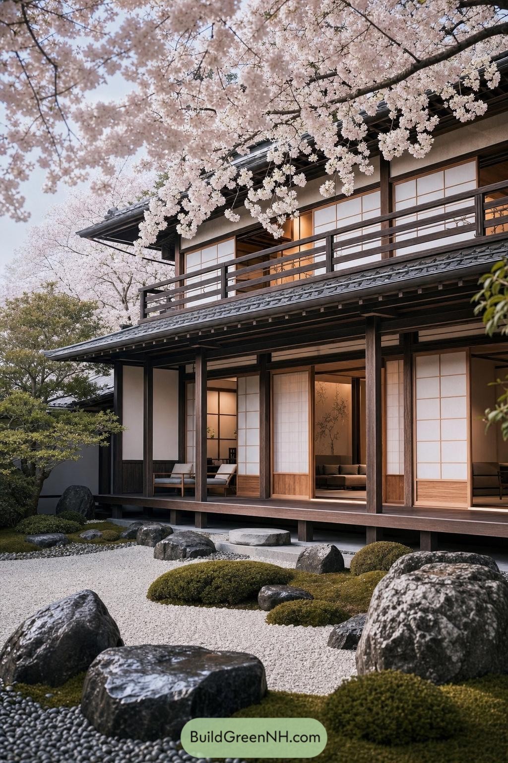 Traditional Japanese home with shoji screens beneath cherry blossoms