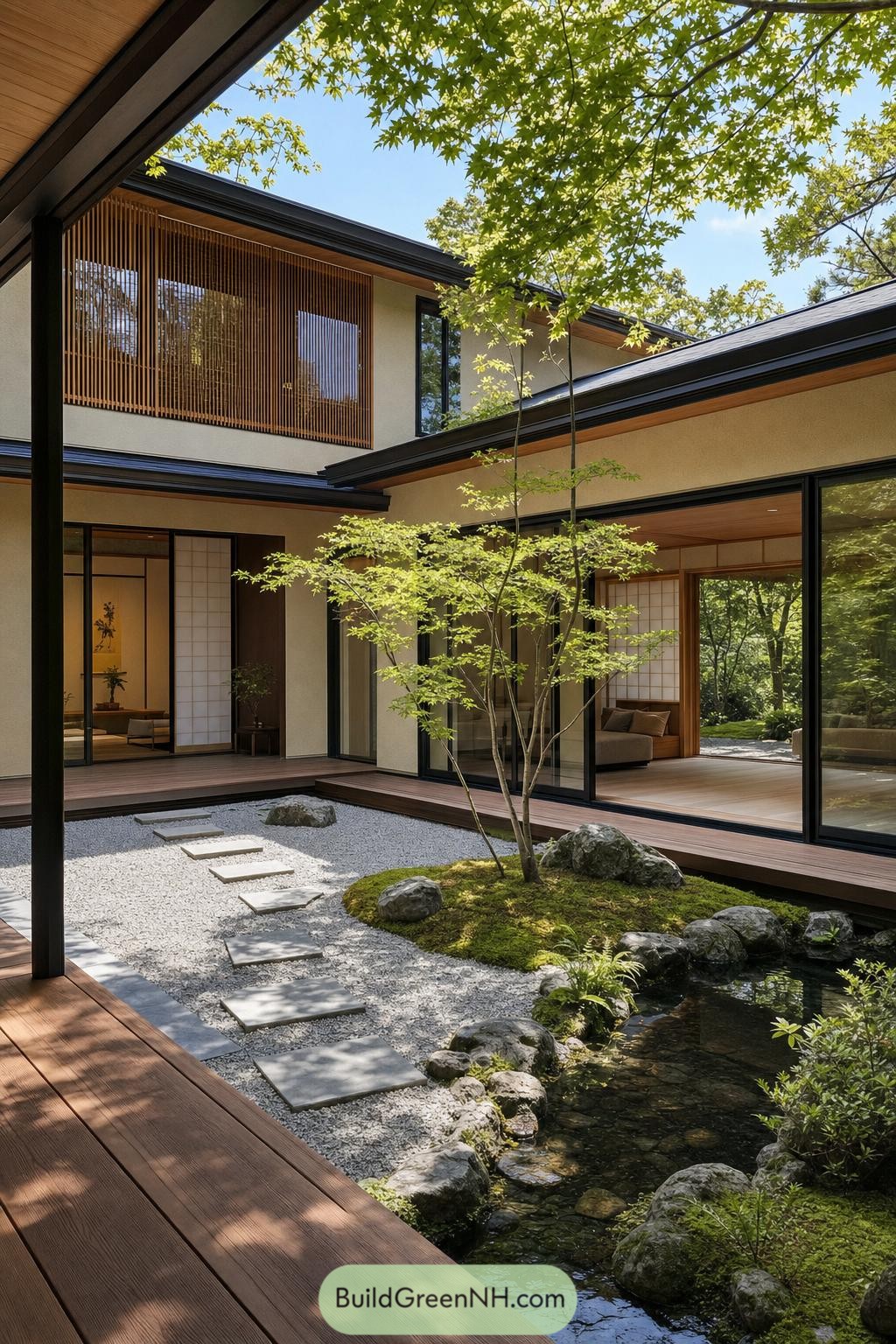 Japanese courtyard home with maple tree and stone pond