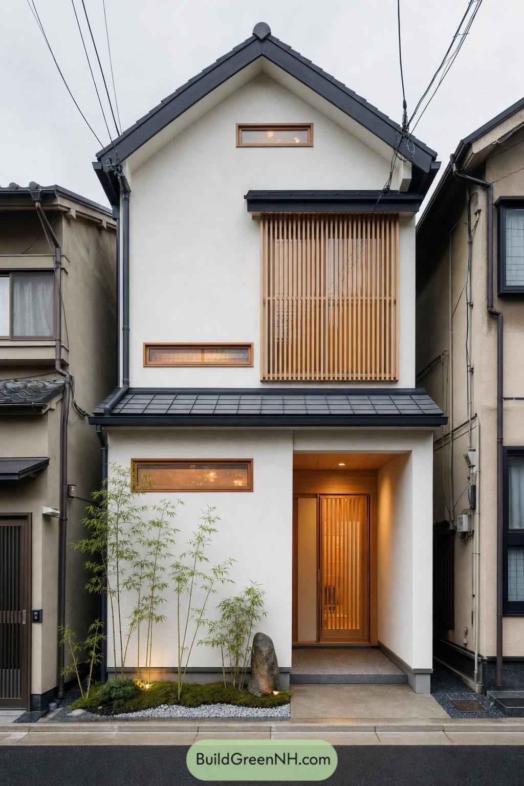Three-story white Japanese home with timber screens and bamboo garden
